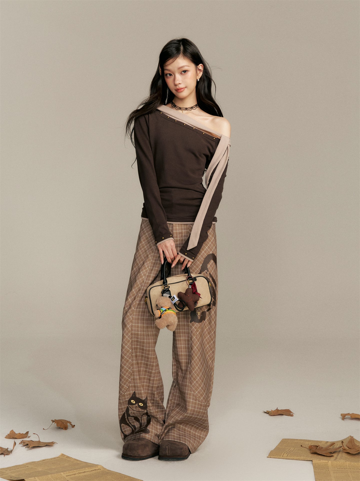 16DEWS 16D25345 Plaid printed high waisted casual pants
