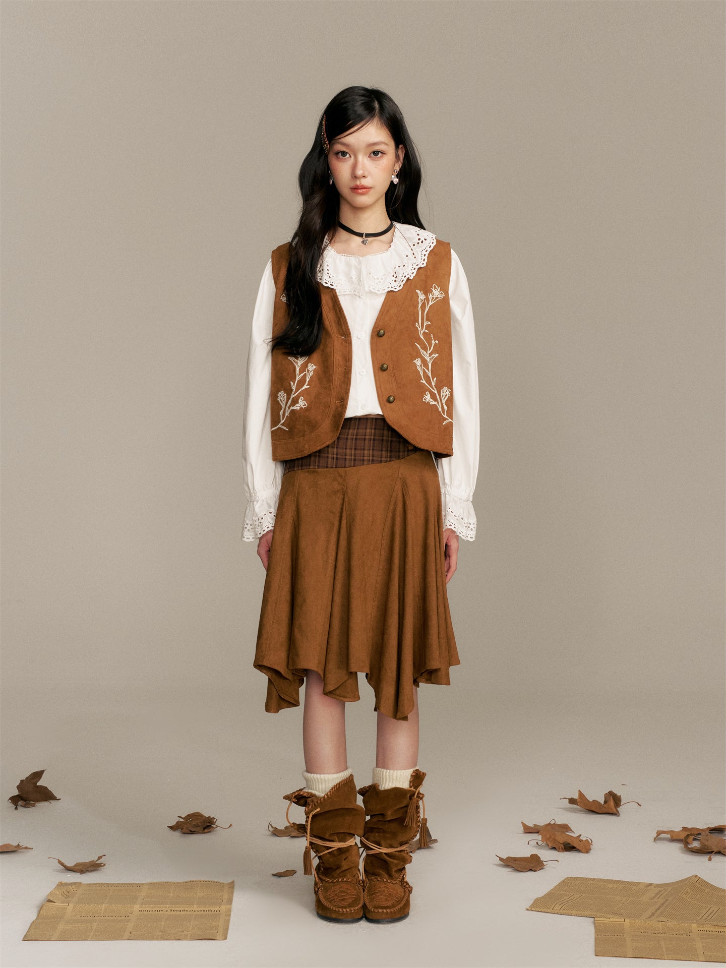 16DEWS 16D25360 Color blocking patchwork plaid irregular skirt (with belt)