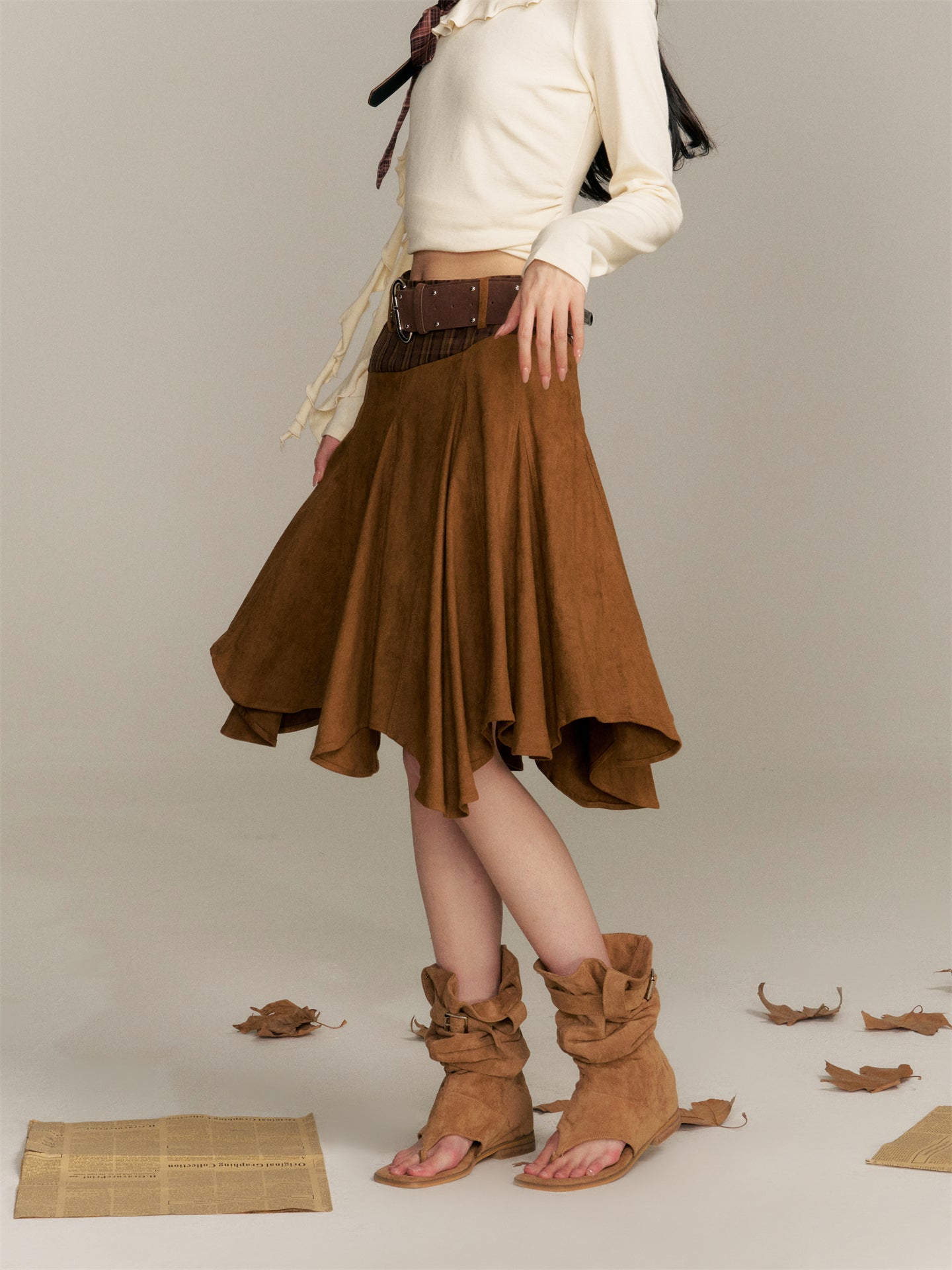16DEWS 16D25360 Color blocking patchwork plaid irregular skirt (with belt)