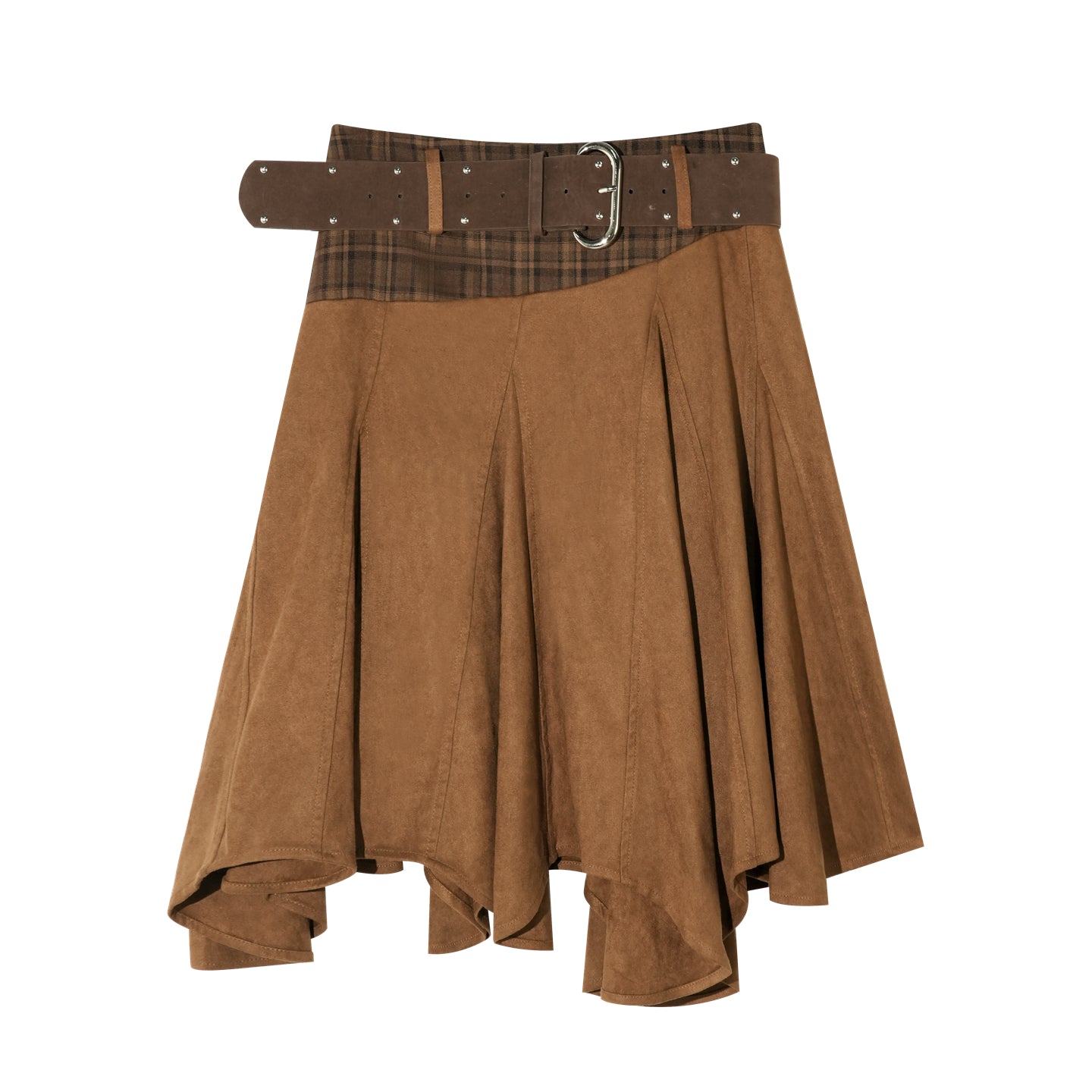 16DEWS 16D25360 Color blocking patchwork plaid irregular skirt (with belt)