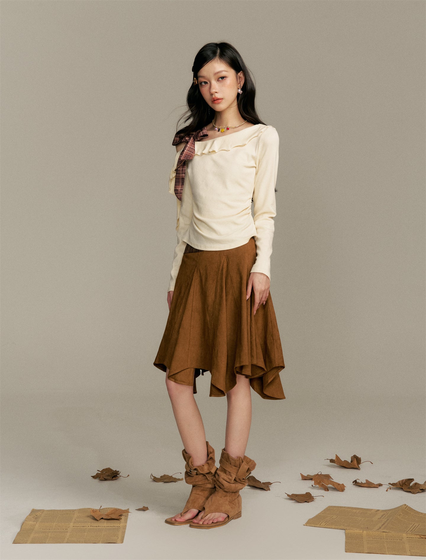 16DEWS 16D25360 Color blocking patchwork plaid irregular skirt (with belt)