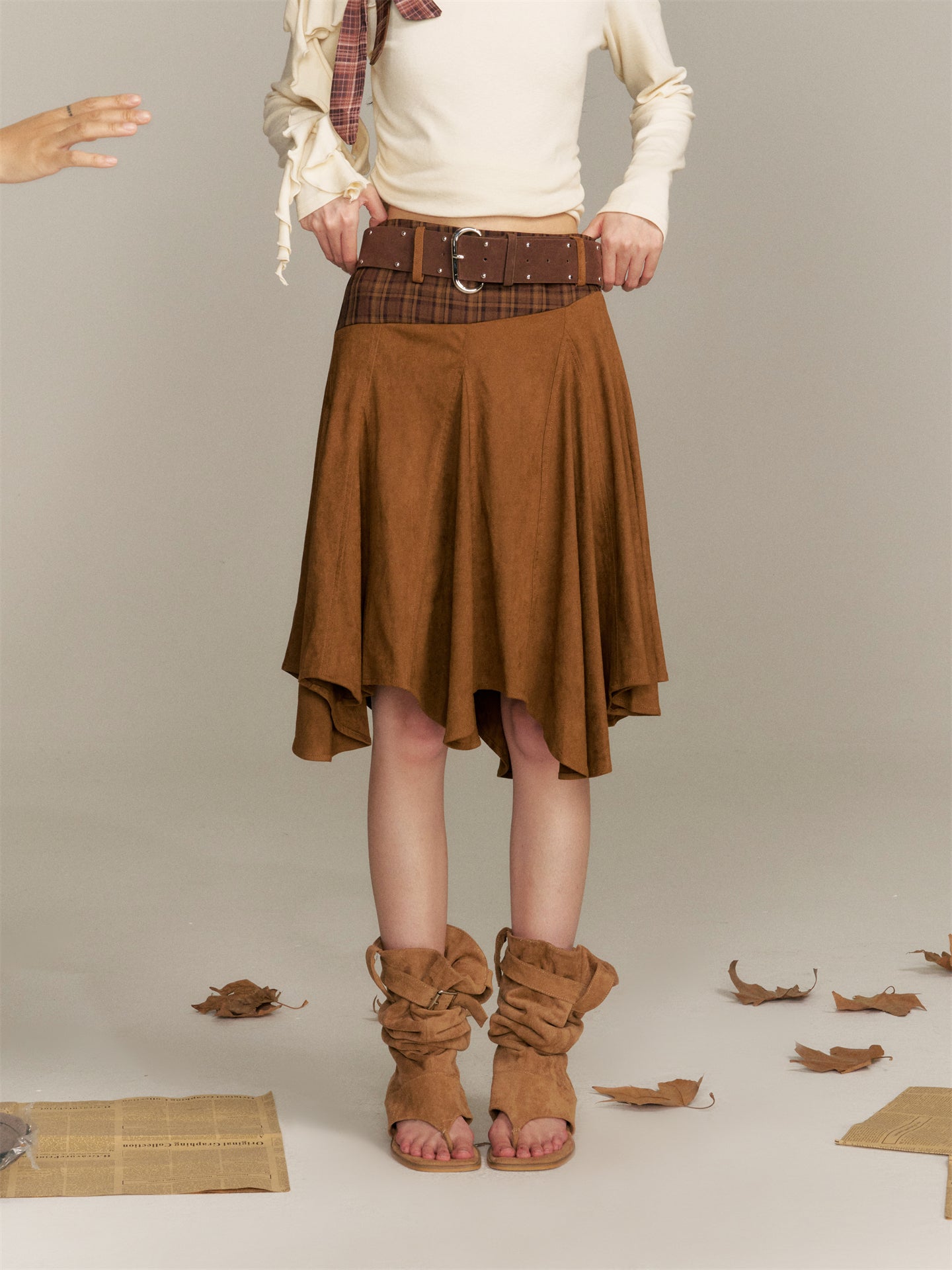 16DEWS 16D25360 Color blocking patchwork plaid irregular skirt (with belt)