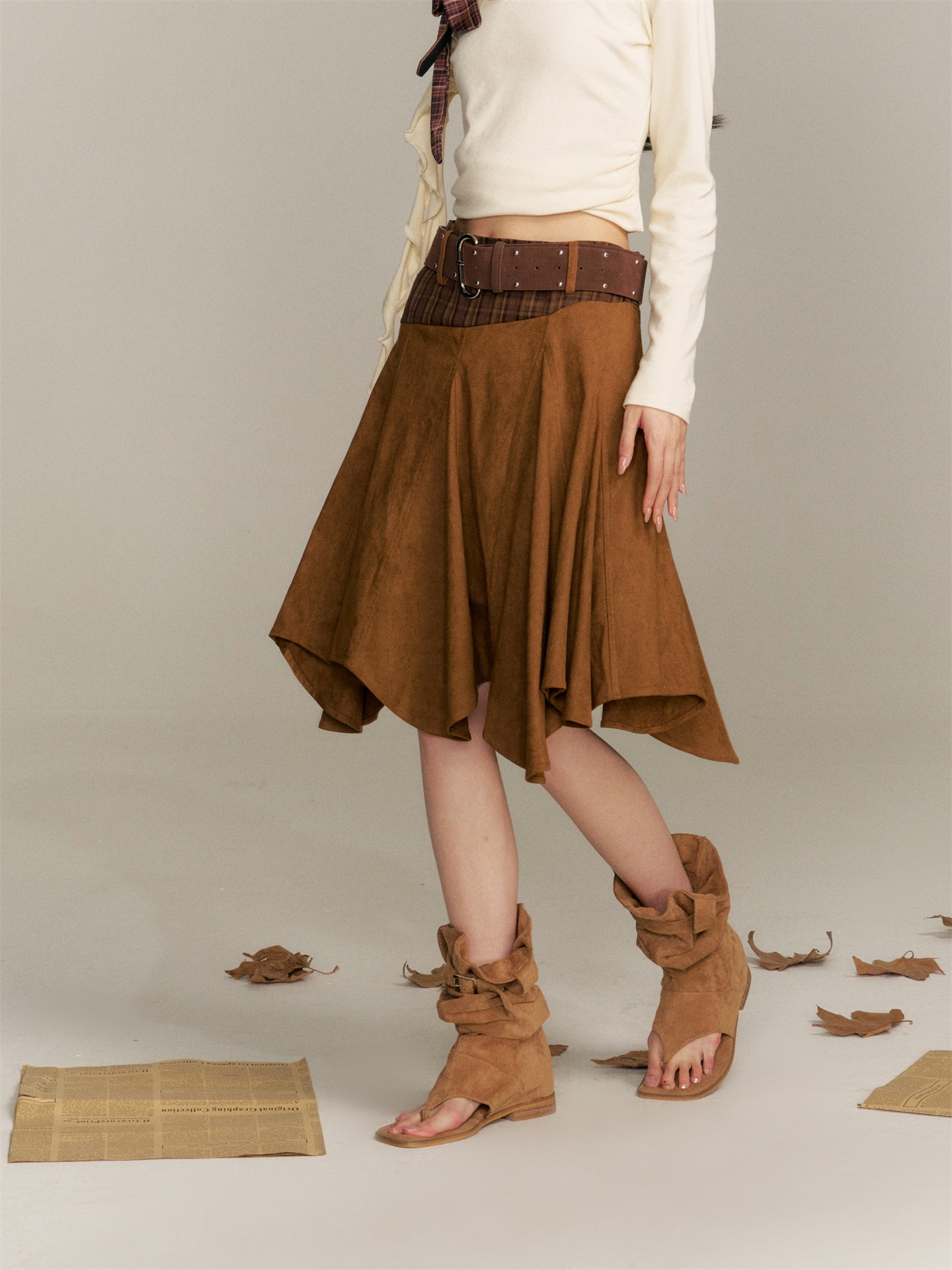 16DEWS 16D25360 Color blocking patchwork plaid irregular skirt (with belt)