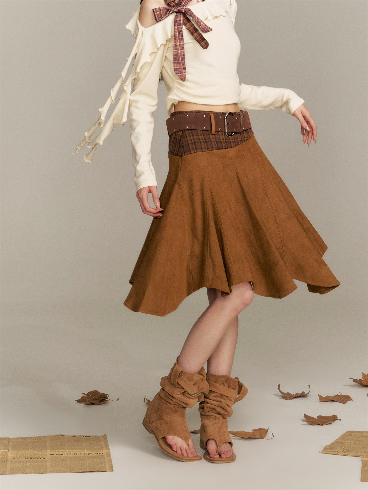 16DEWS 16D25360 Color blocking patchwork plaid irregular skirt (with belt)