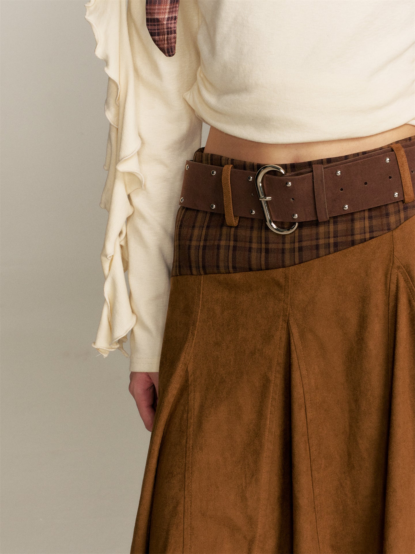 16DEWS 16D25360 Color blocking patchwork plaid irregular skirt (with belt)
