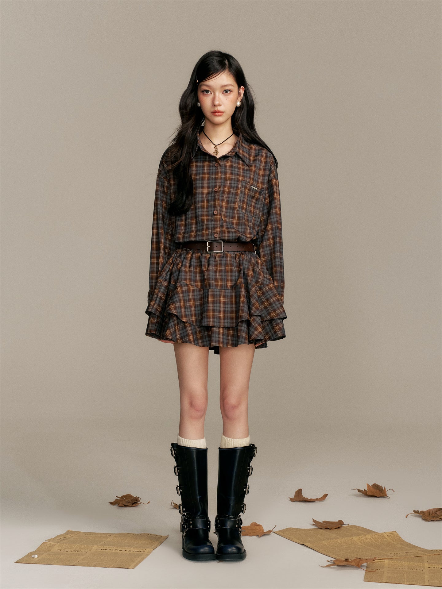 16DEWS 16D25366 Checkered shirt flower bud dress (with belt)