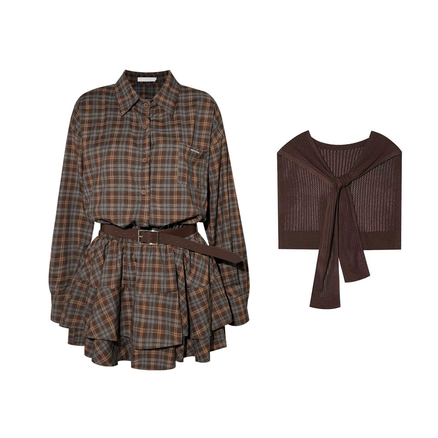16DEWS 16D25366 Checkered shirt flower bud dress (with belt)