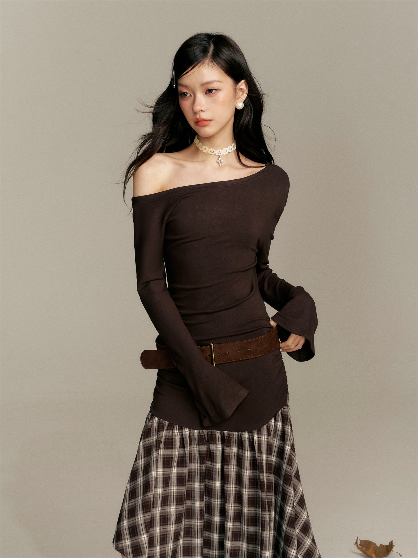 16DEWS 16D25369 Color blocking plaid spliced waist cinching dress