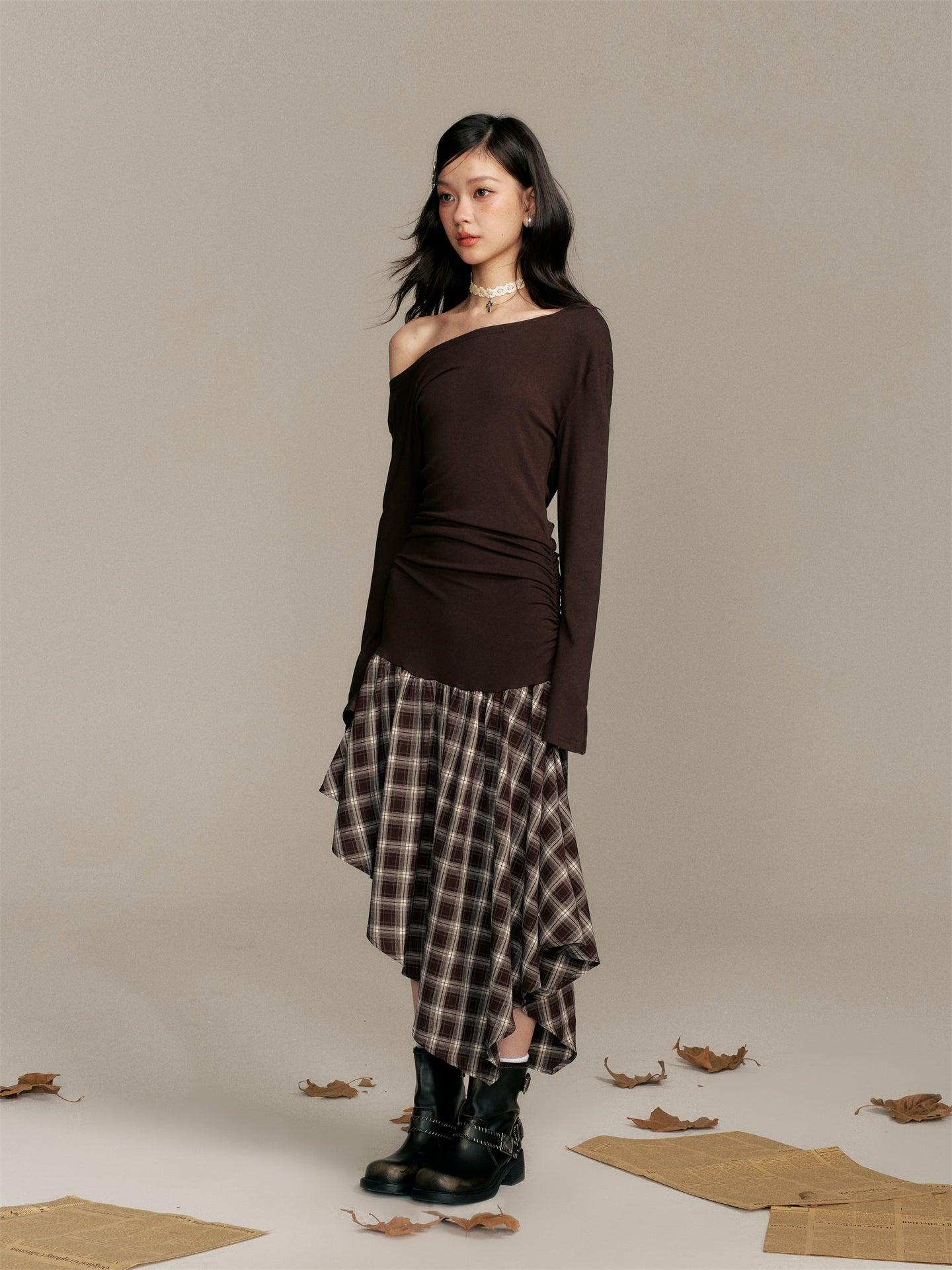 16DEWS 16D25369 Color blocking plaid spliced waist cinching dress