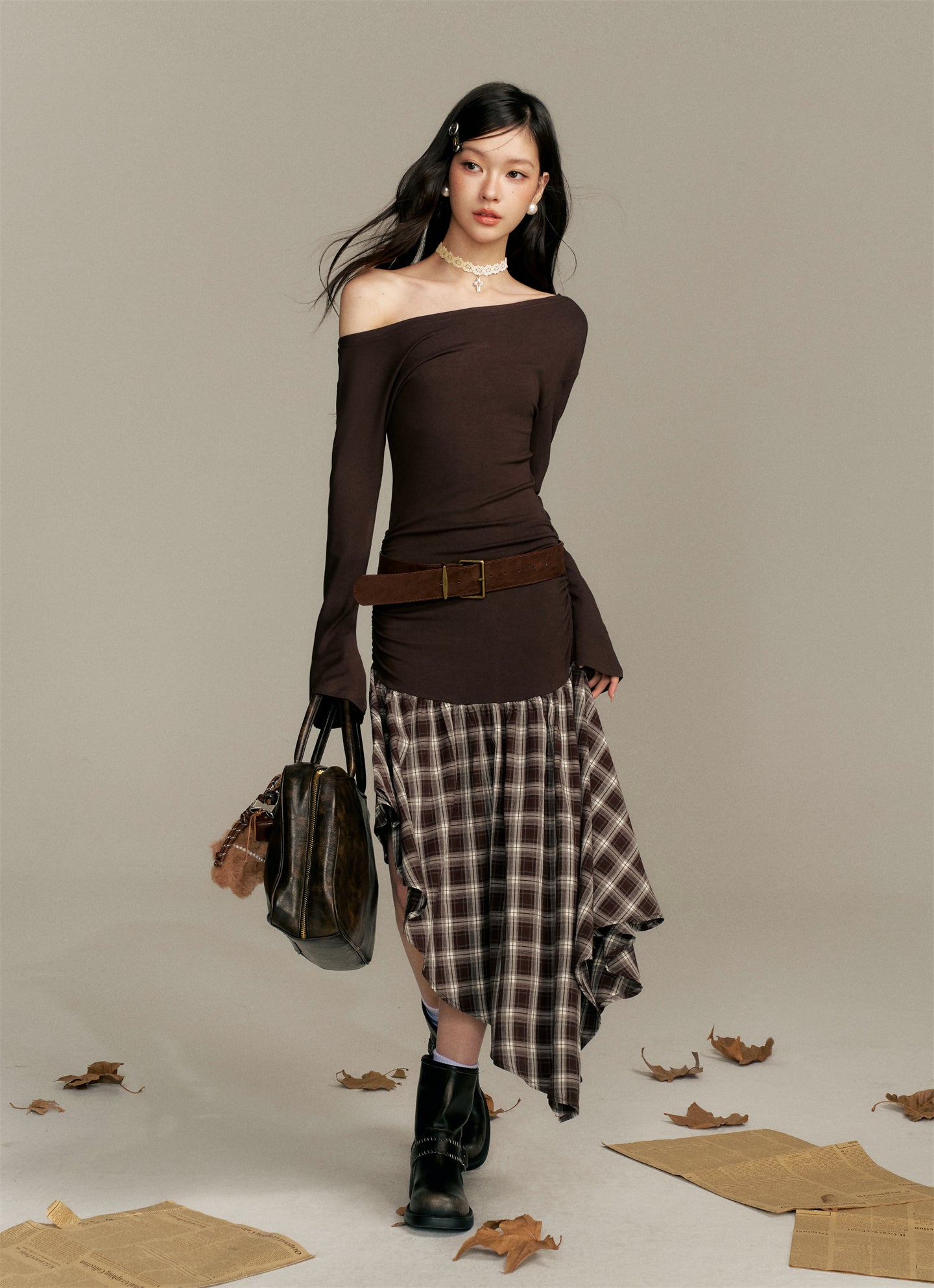 16DEWS 16D25369 Color blocking plaid spliced waist cinching dress
