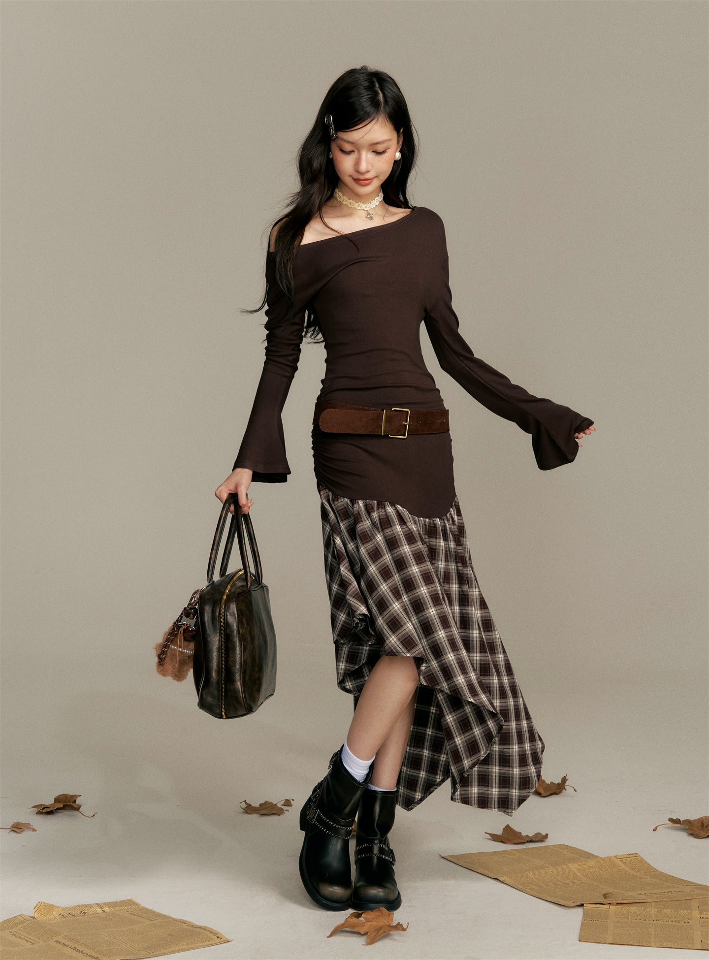16DEWS 16D25369 Color blocking plaid spliced waist cinching dress