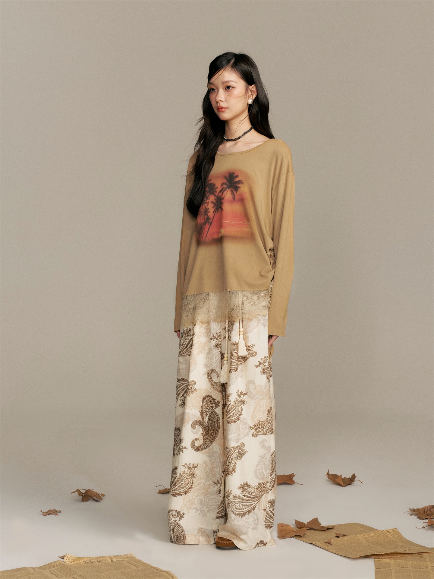 16DEWS 16D25375&16D25375 Sunset printed patchwork lace T-shirt + pants set