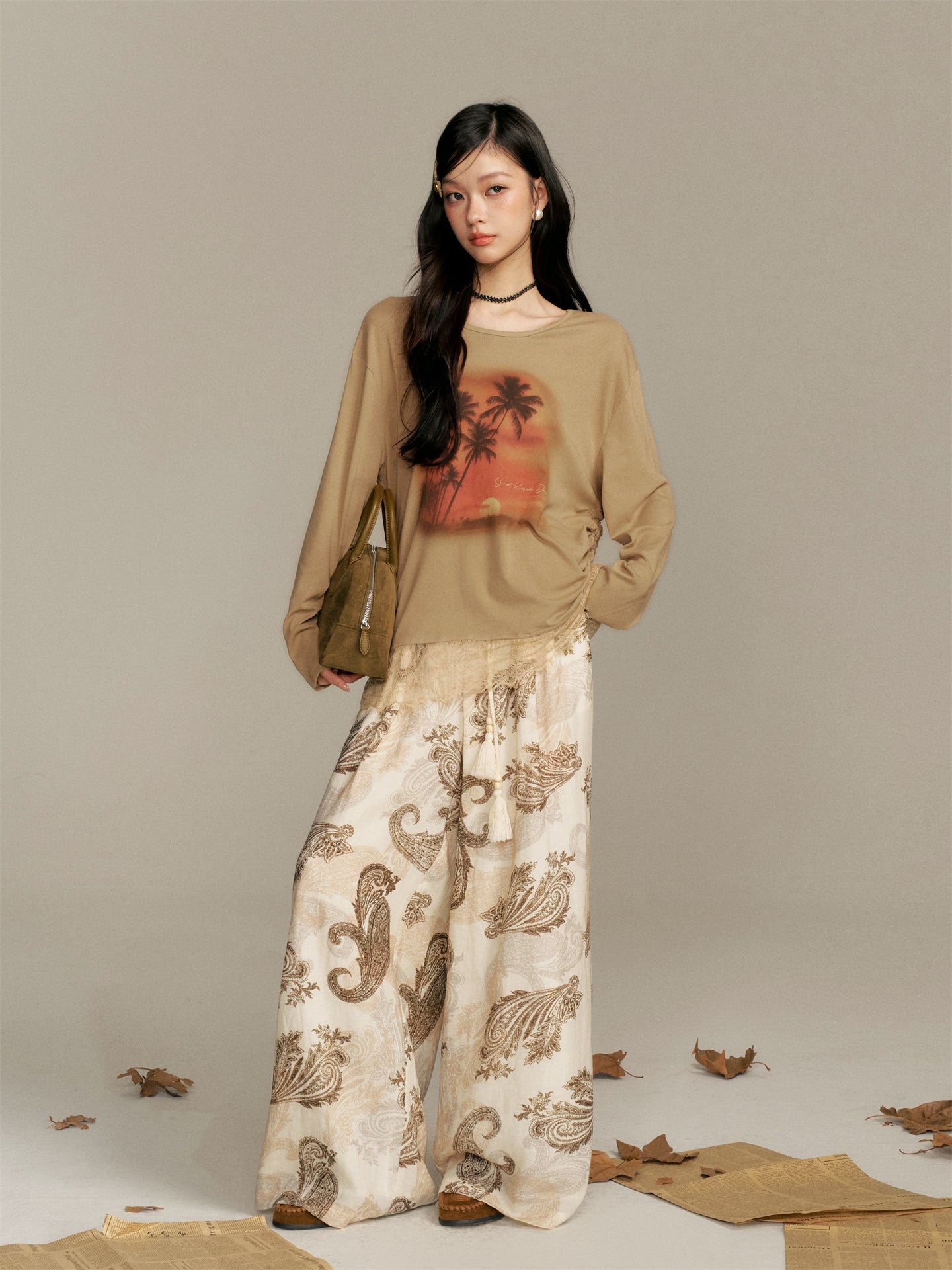16DEWS 16D25375&16D25375 Sunset printed patchwork lace T-shirt + pants set