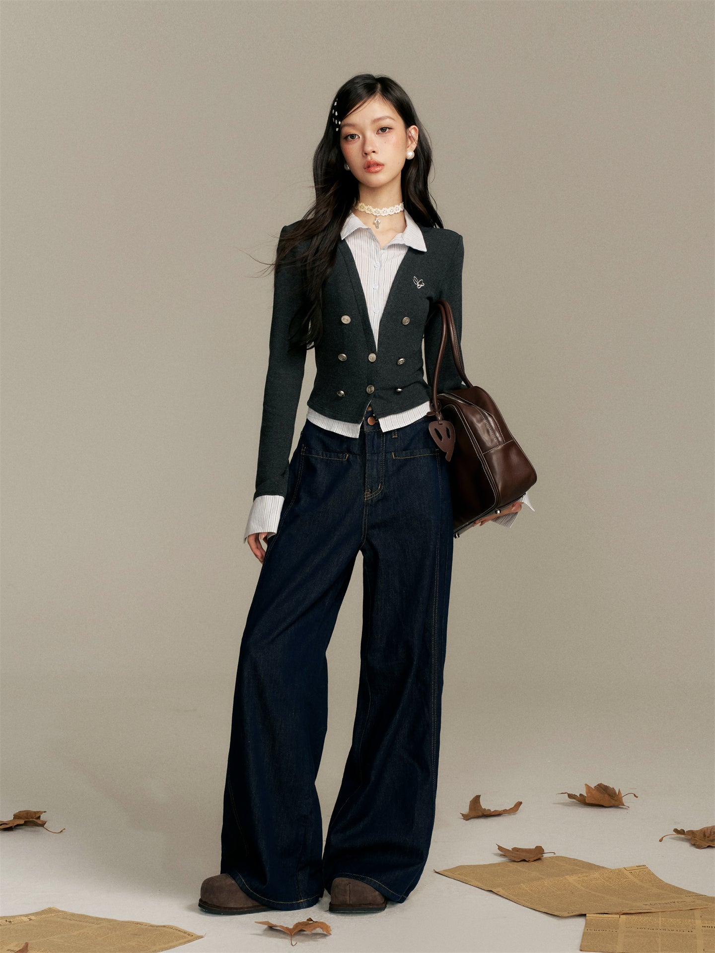 16DEWS 16D25376 Color blocking splicing fake two-piece slim fit top