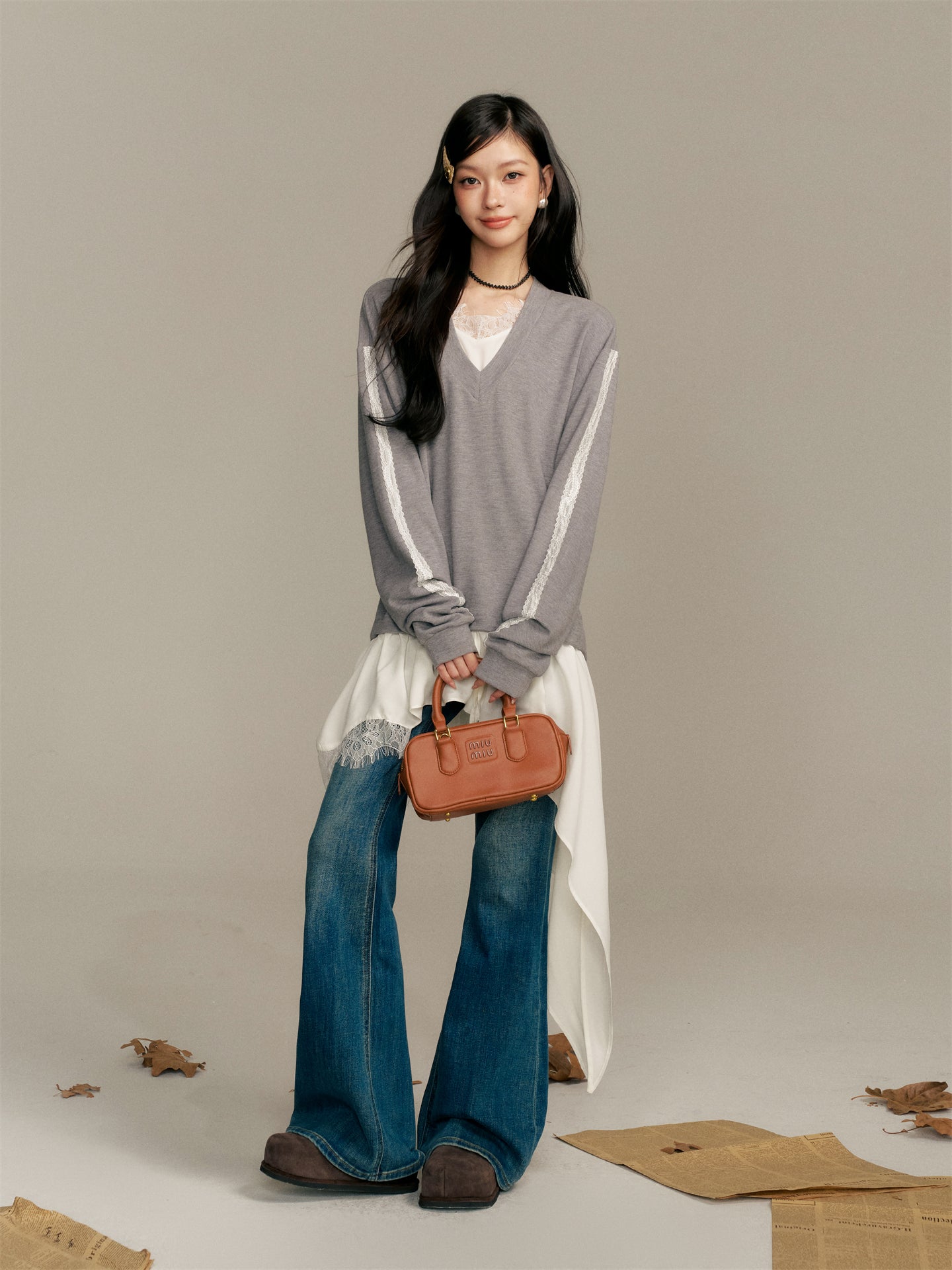 16DEWS 16D25377 Fake two piece irregular V-nec hoodie