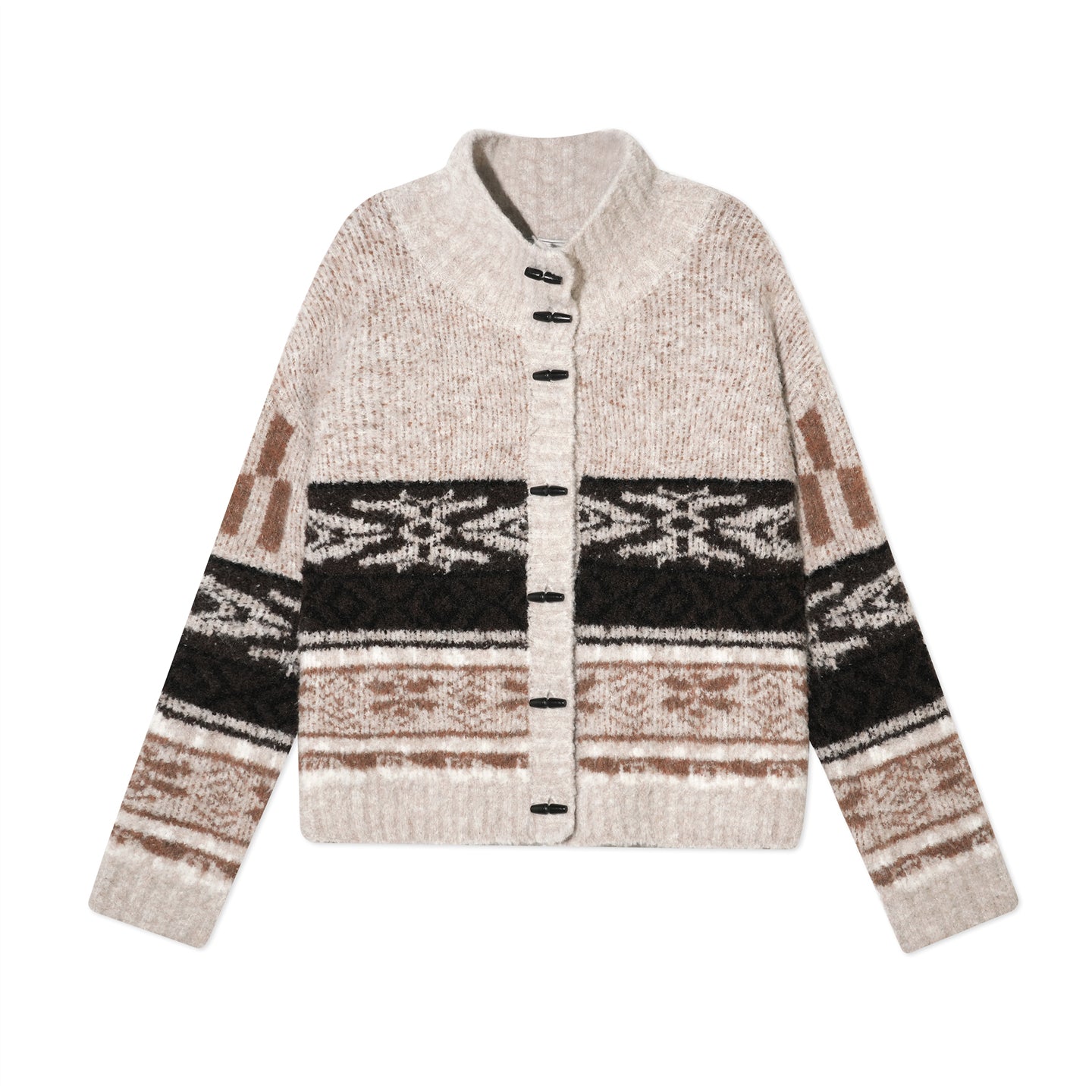 16DEWS 16D25386 Fair Isle Lapel Loosely Knitted Sweater