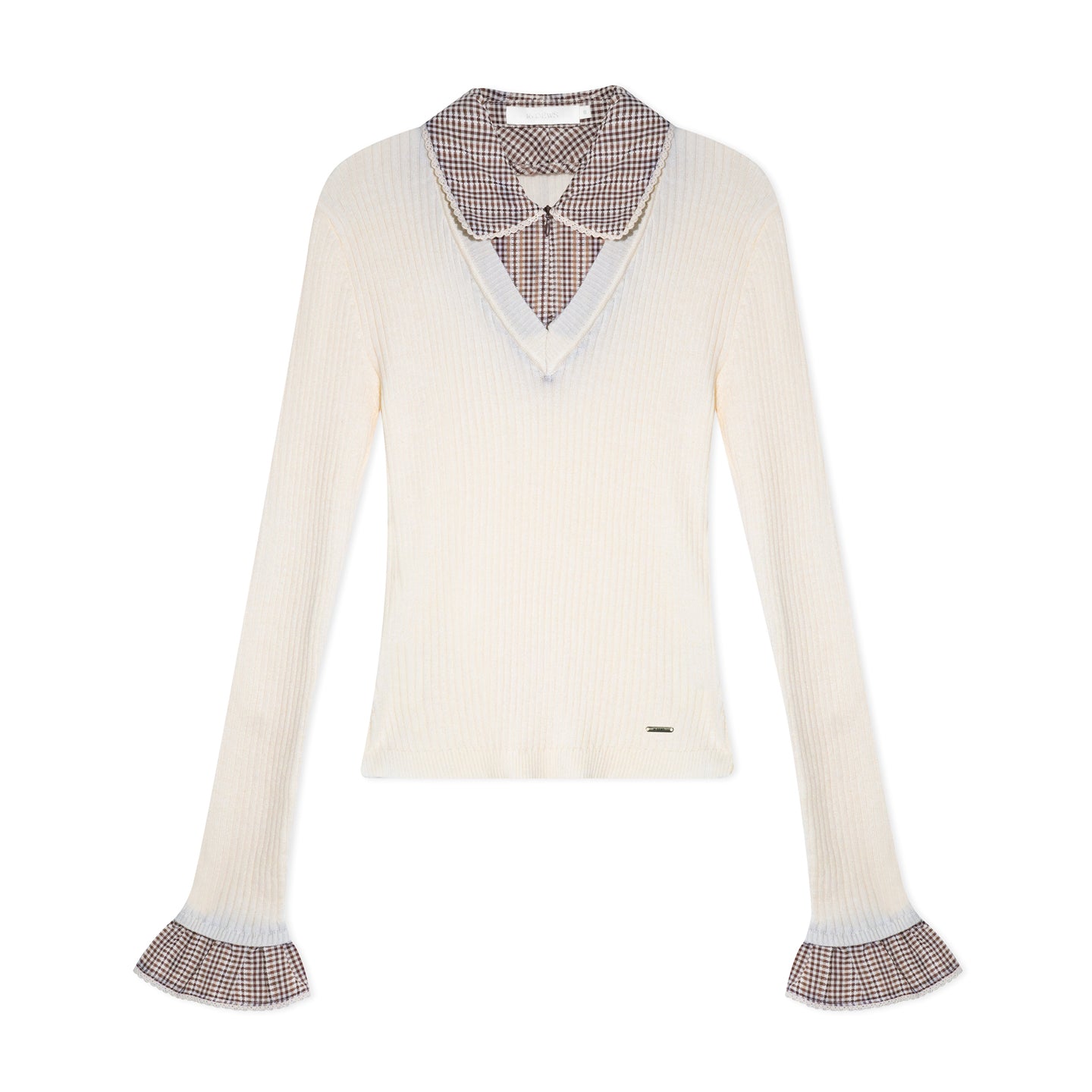 16DEWS 16D25405 Plaid contrasting splicing fake two-piece knitted top