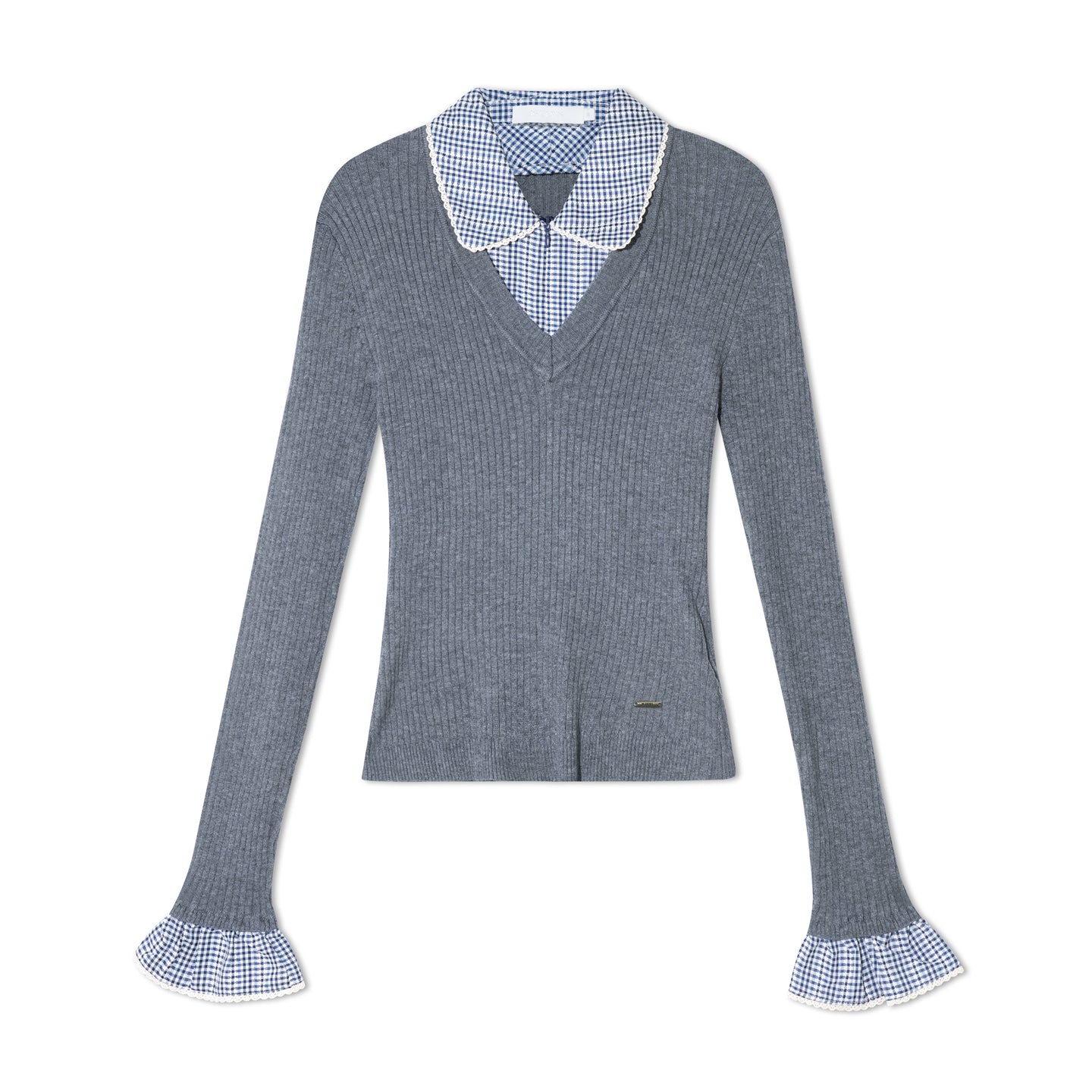 16DEWS 16D25405 Plaid contrasting splicing fake two-piece knitted top