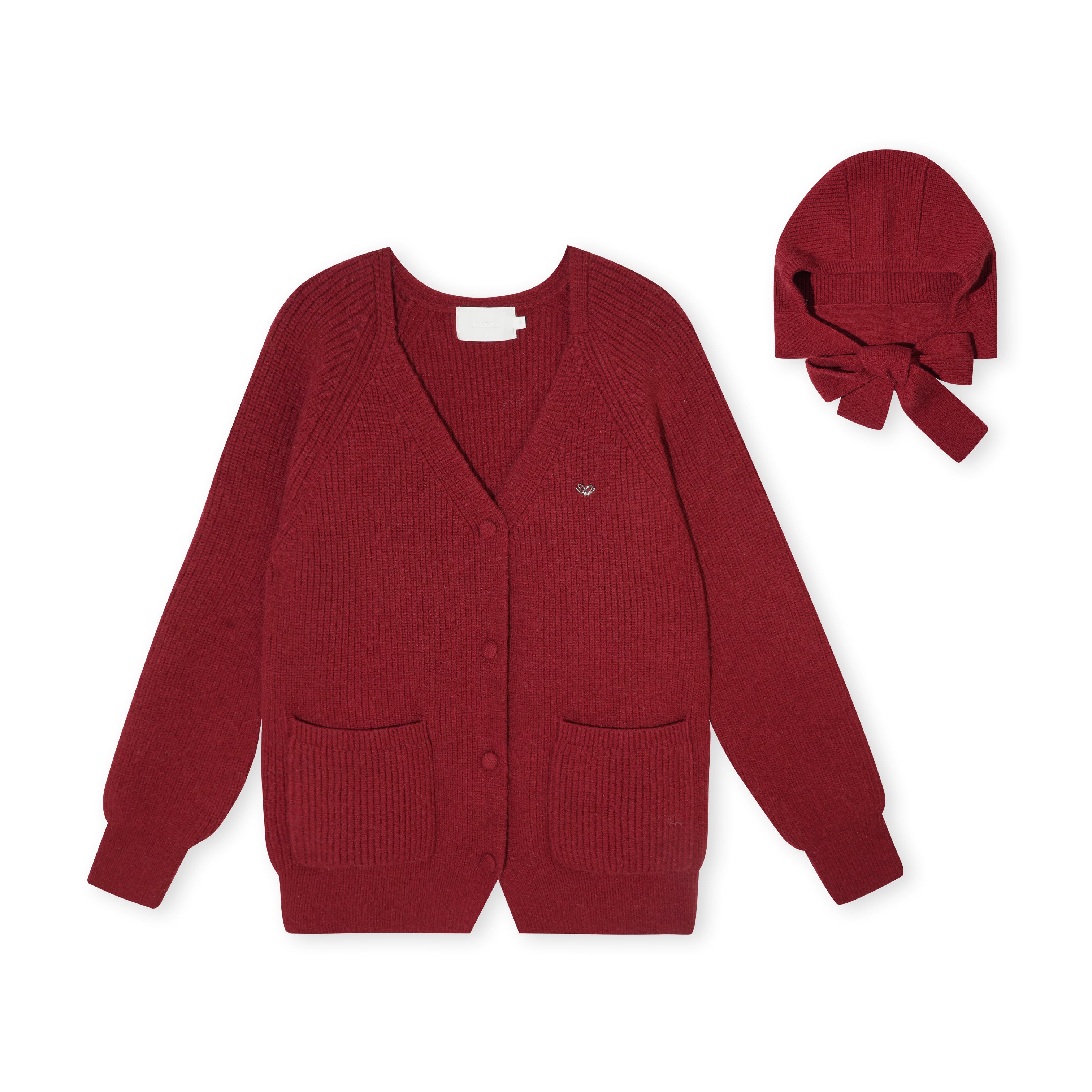 16DEWS 16D25473 Bow tie V-neck loose knit cardigan (with knit cap)