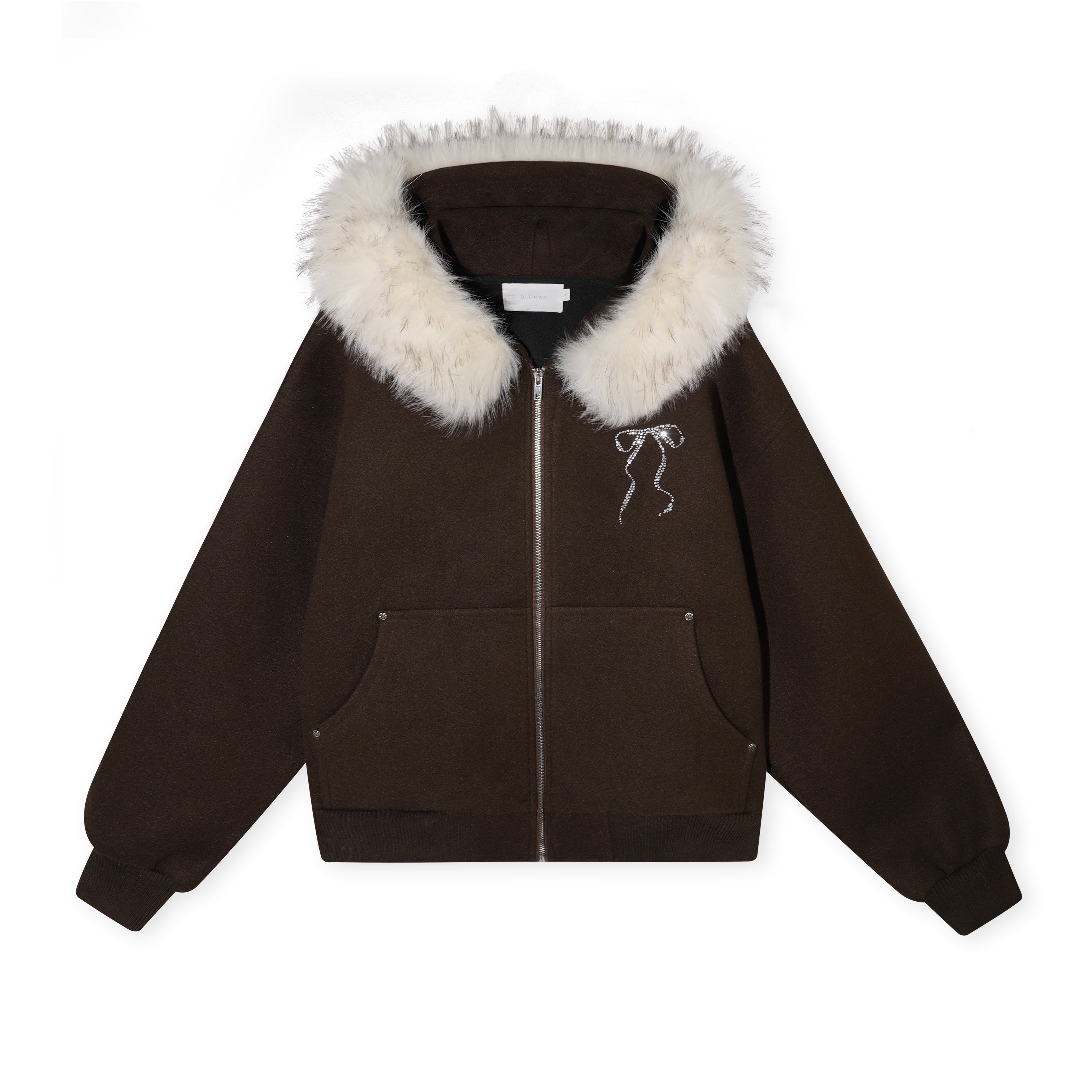 16DEWS 16D25487 Detachable faux fur collar woolen sweatshirt jacket