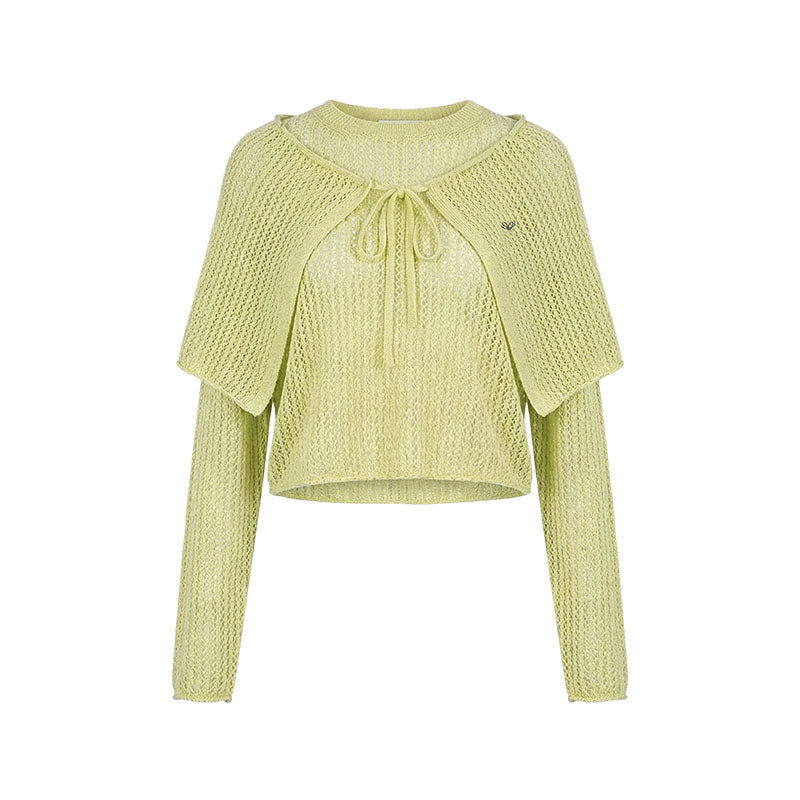 16DEWS 16D26078 Lace-up circular-neck knitted top (with shawl)
