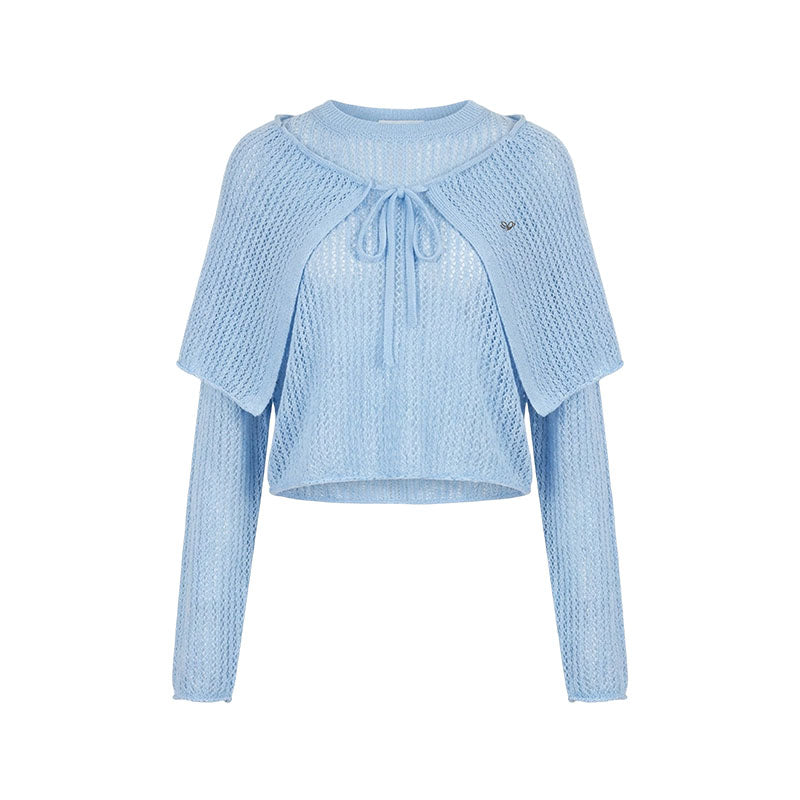 16DEWS 16D26078 Lace-up circular-neck knitted top (with shawl)