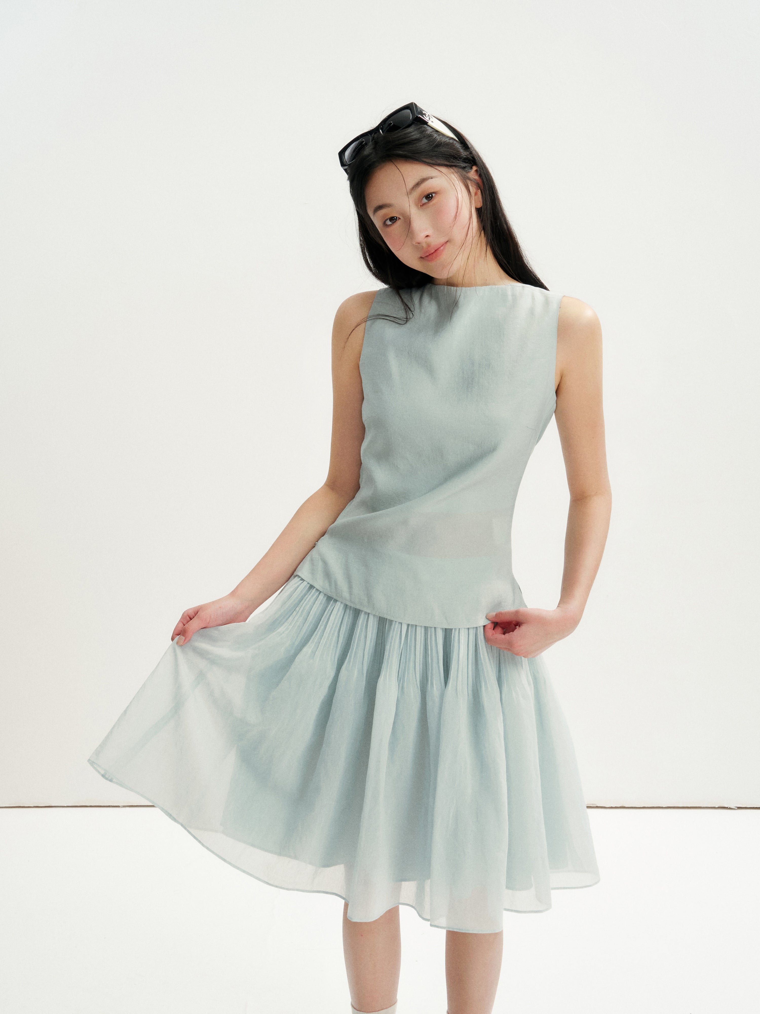 16DEWS 16D26222&16D26223 Cowl Neck Backless Tie Sleeveless Top+Skirt