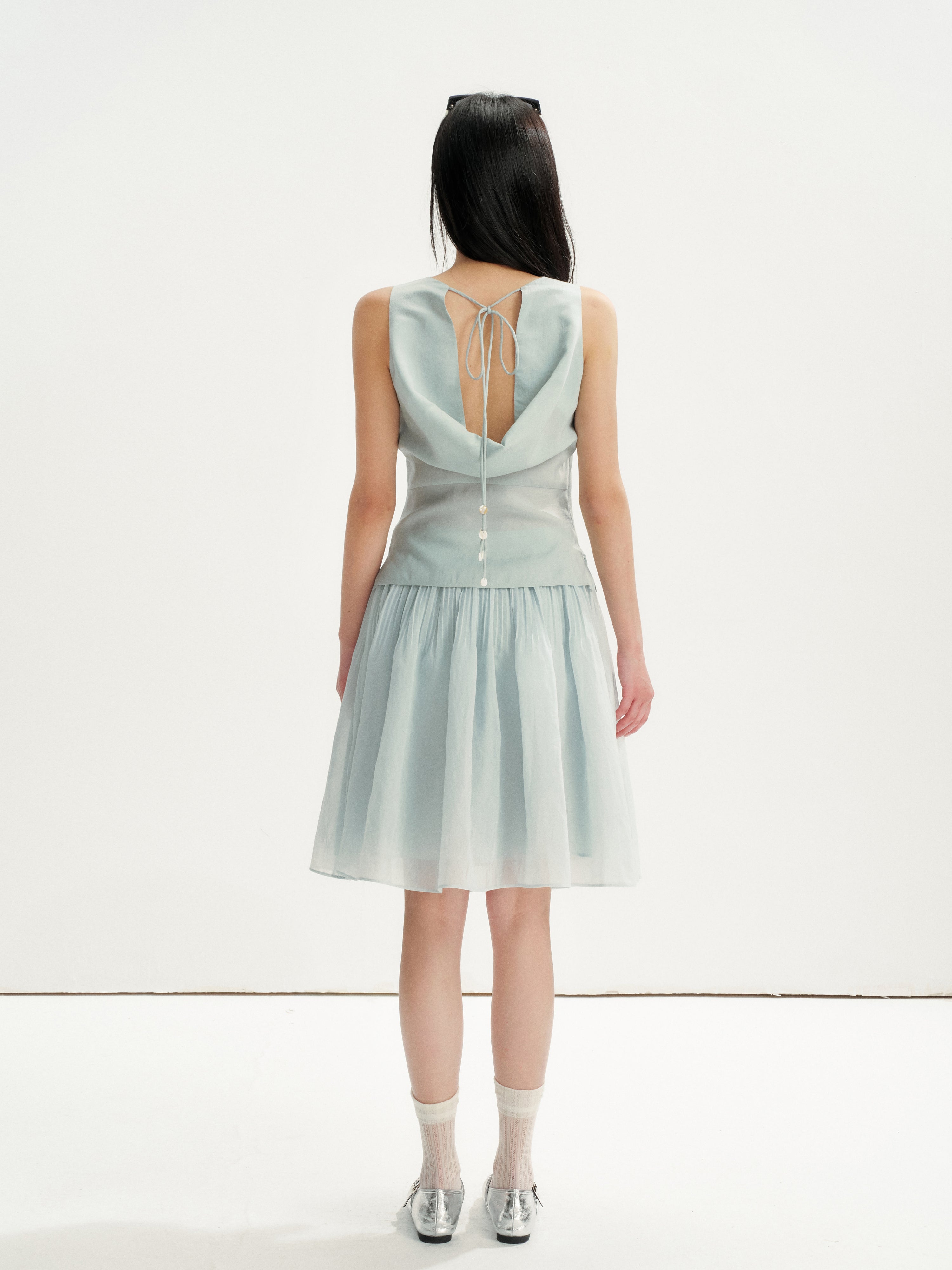 16DEWS 16D26222&16D26223 Cowl Neck Backless Tie Sleeveless Top+Skirt