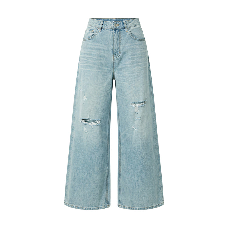 16DEWS 16D26236 Washed Light Blue Vintage Ripped Wide-Leg Jeans