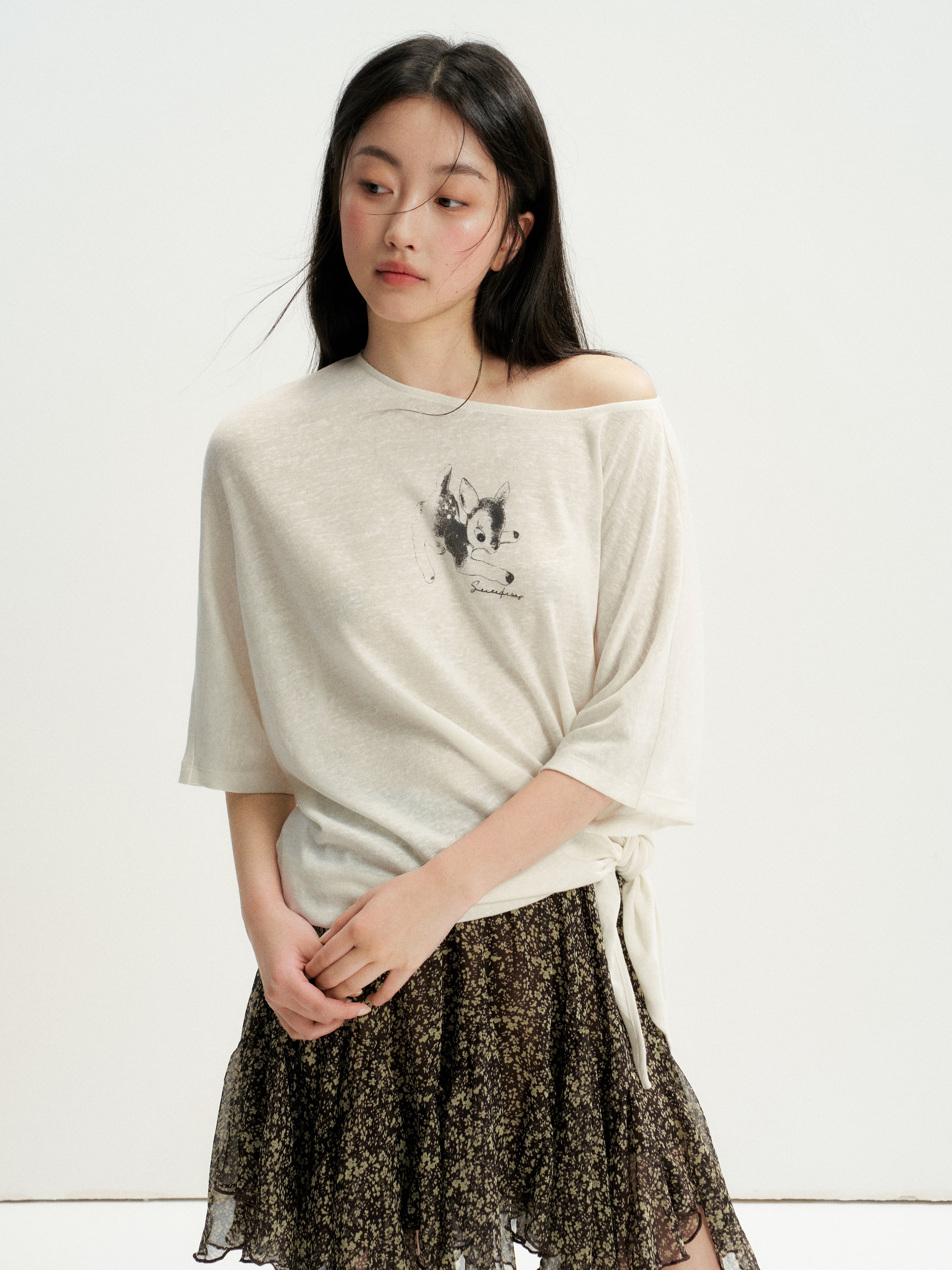 16DEWS 16D26246 Lax Casual Asymmetric Shoulder Tie Printed T-Shirt