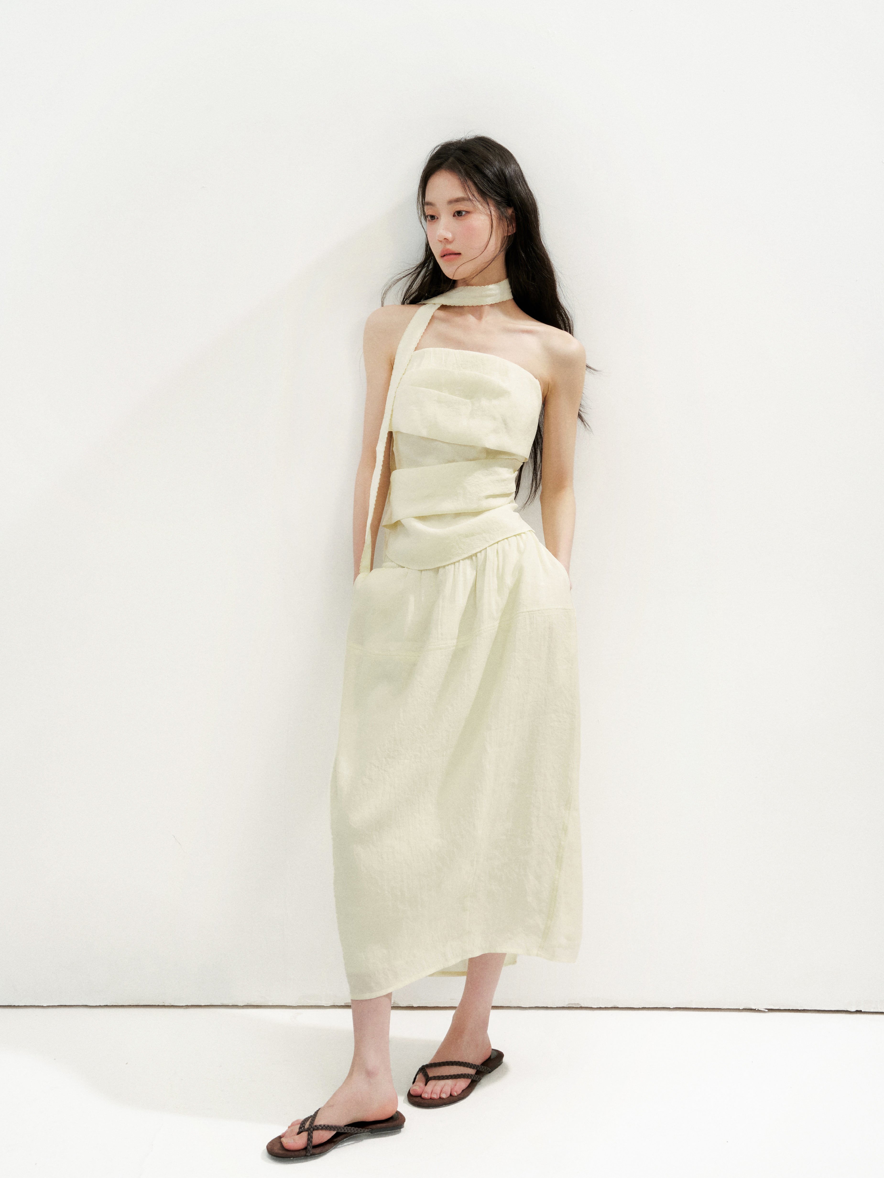 16DEWS 16D26254&16D26255 Irregular Runching Design Waisted Tube Top+Midi Skirt