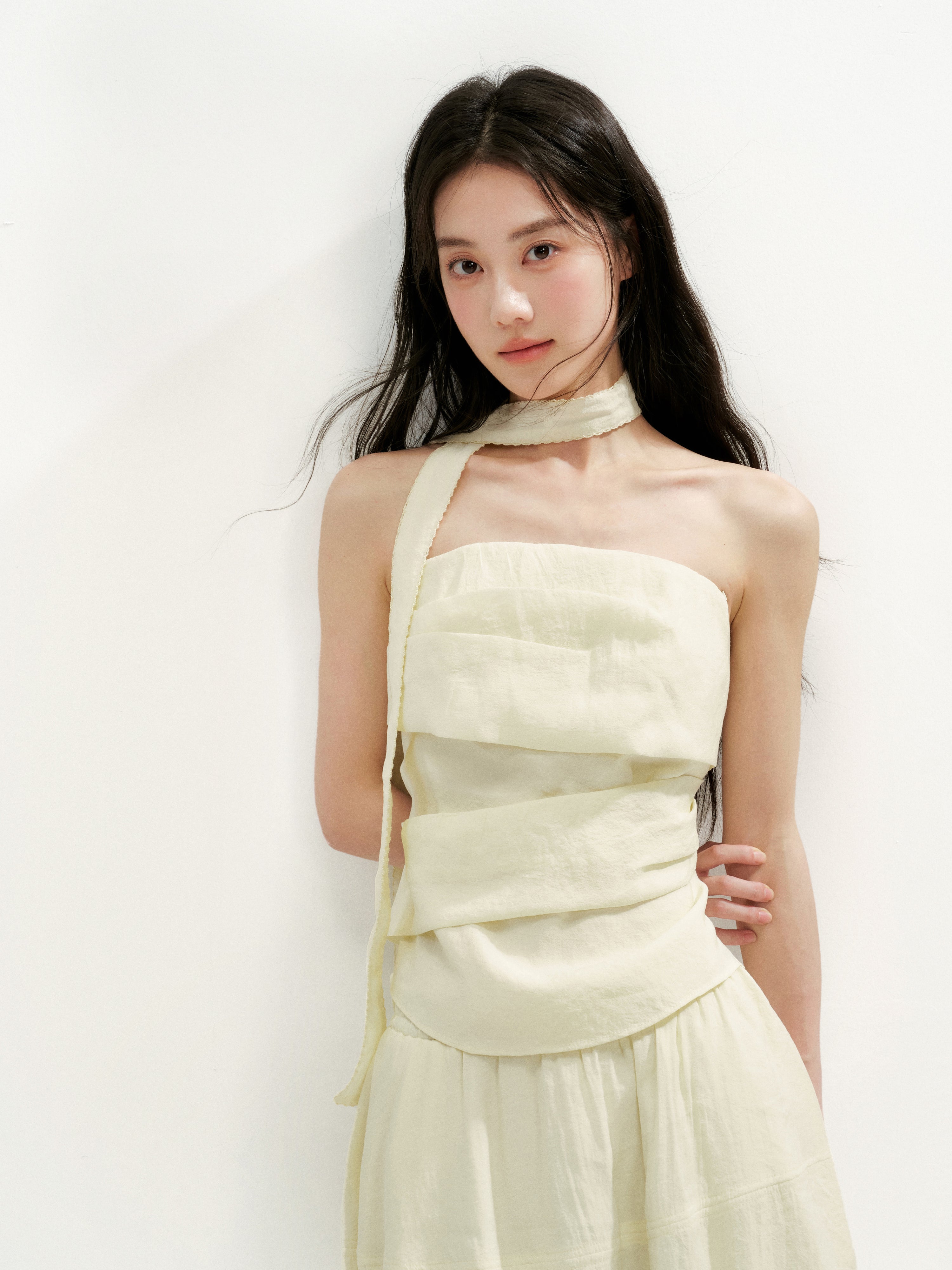 16DEWS 16D26254&16D26255 Irregular Runching Design Waisted Tube Top+Midi Skirt