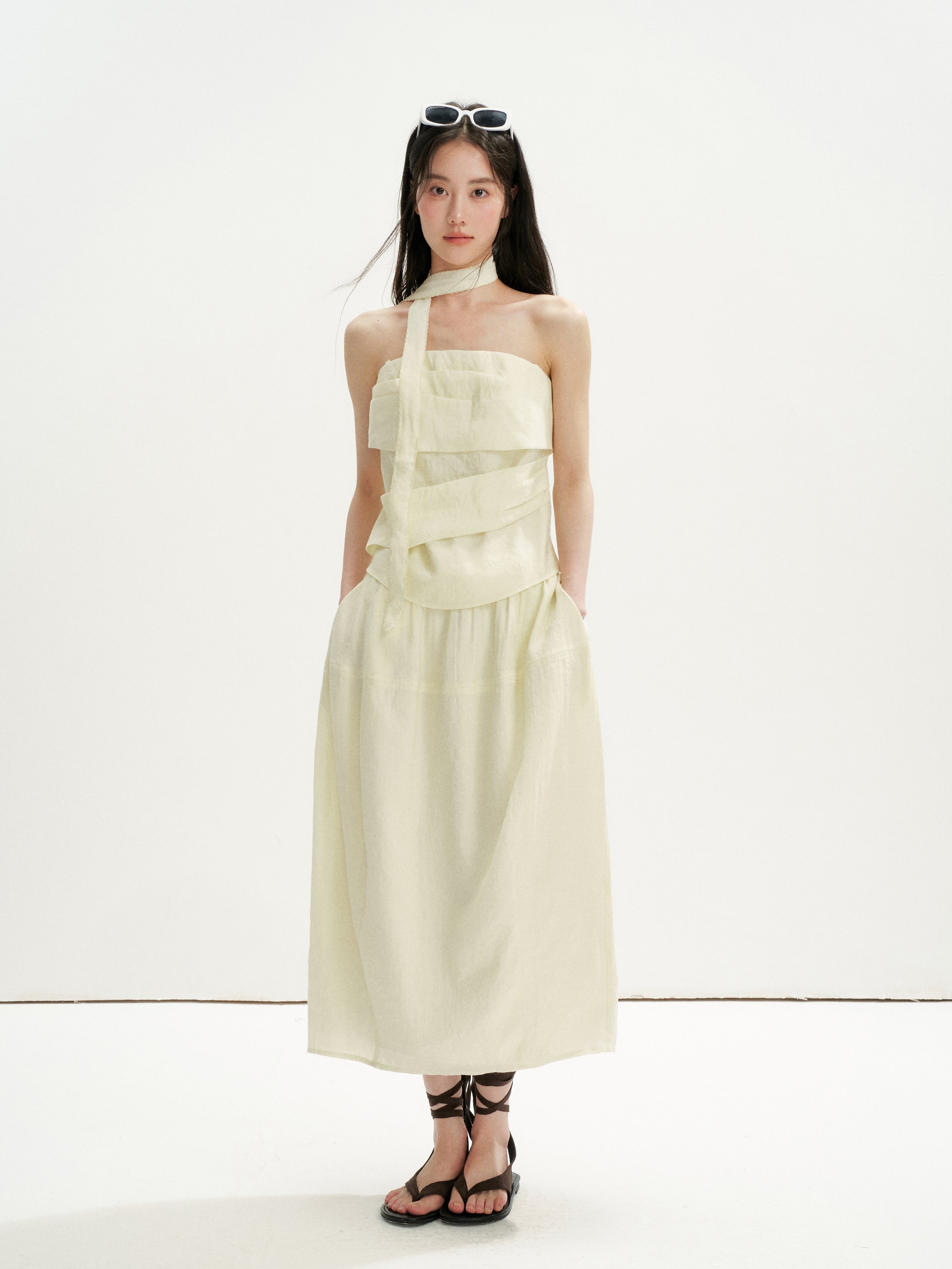 16DEWS 16D26254&16D26255 Irregular Runching Design Waisted Tube Top+Midi Skirt