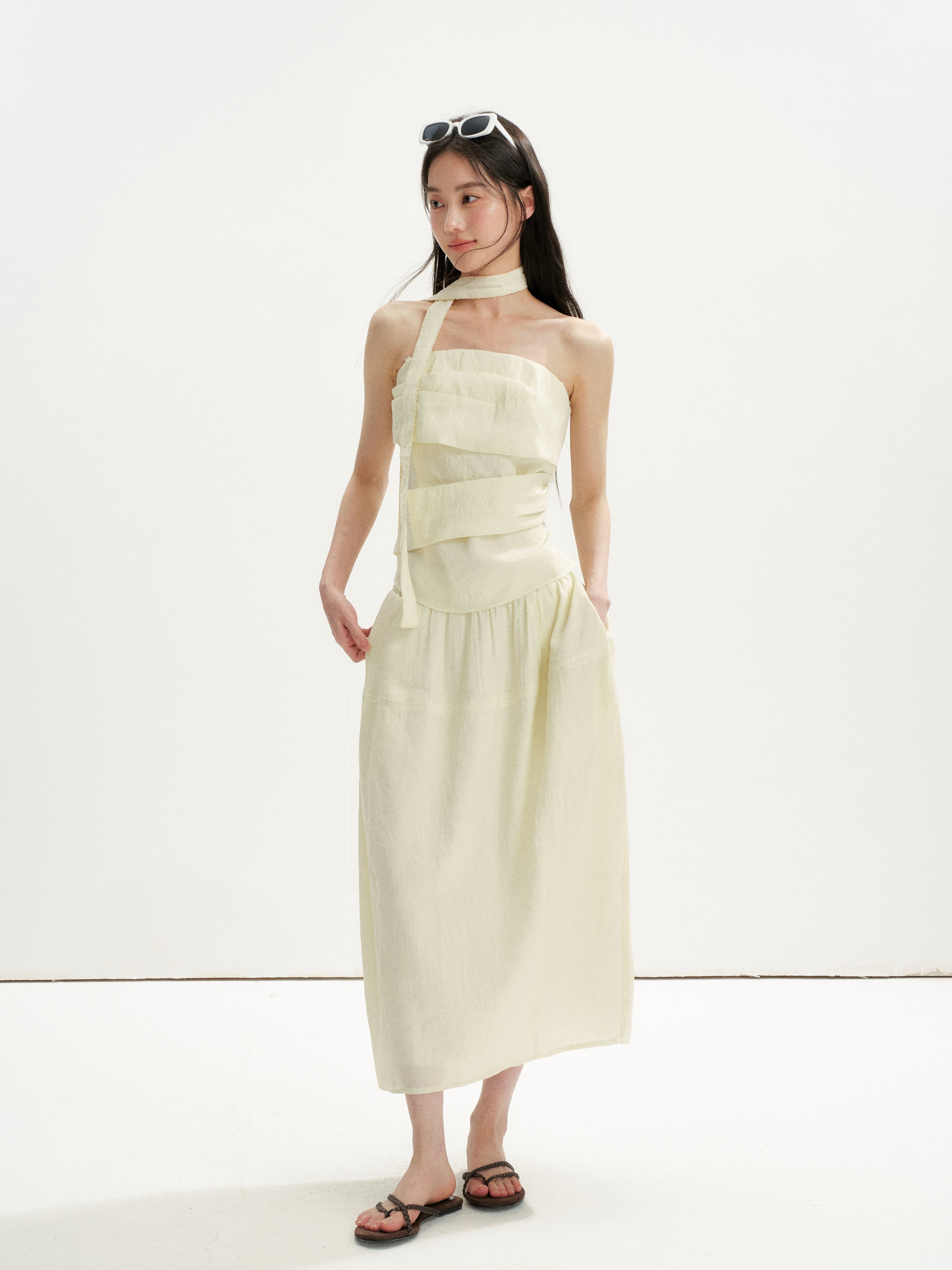 16DEWS 16D26254&16D26255 Irregular Runching Design Waisted Tube Top+Midi Skirt