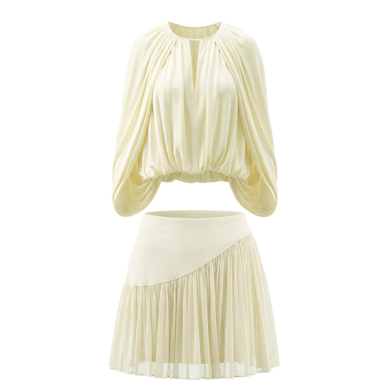 16DEWS 16D26256&16D26257 Cape-Style V-Neck Top+Tulle Spliced Pleated A-Line Skirt