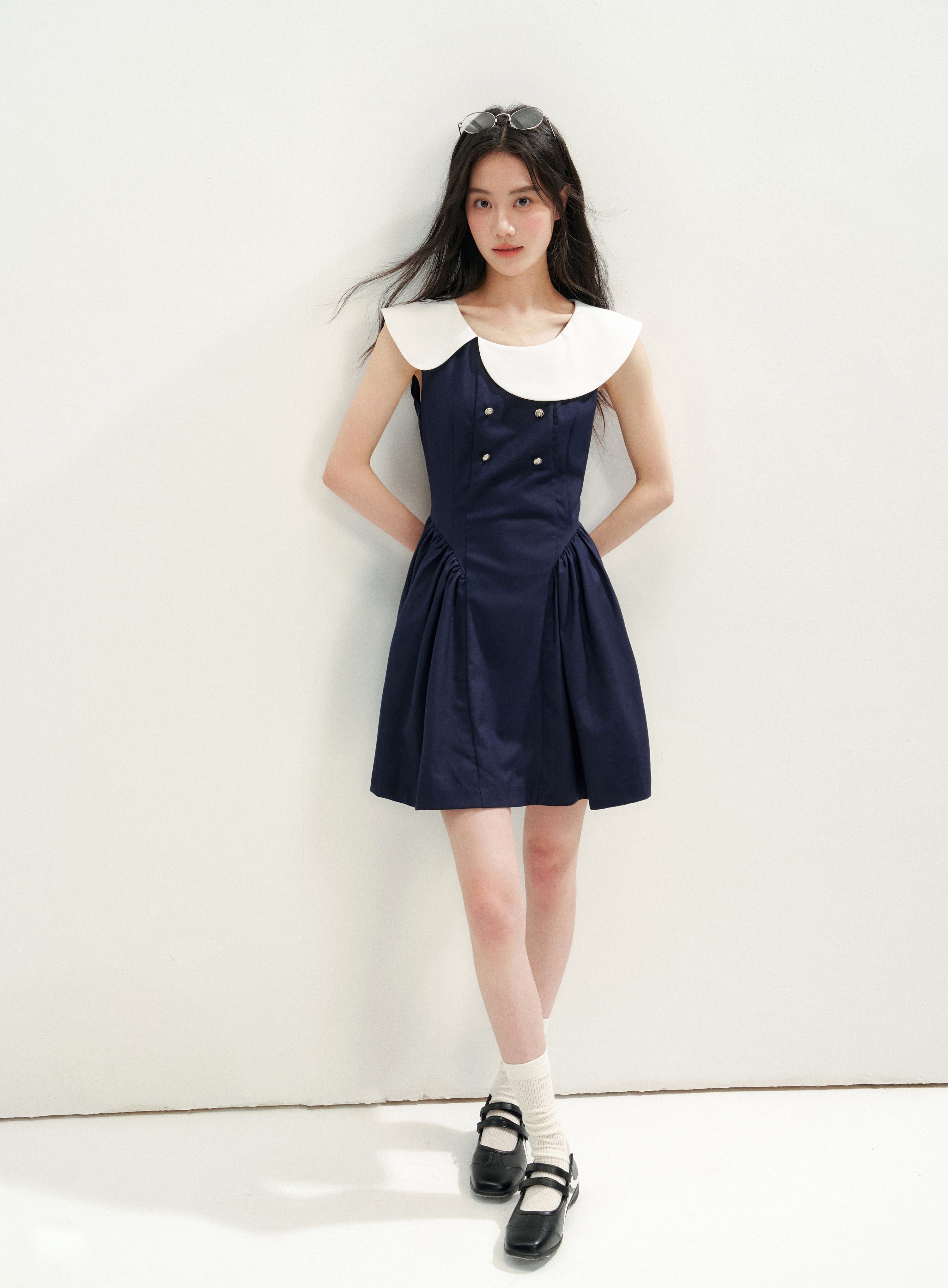 16DEWS 16D26271 Asymmetrical Peter Pan Collar Double-Breasted Waisted A-Line Dress