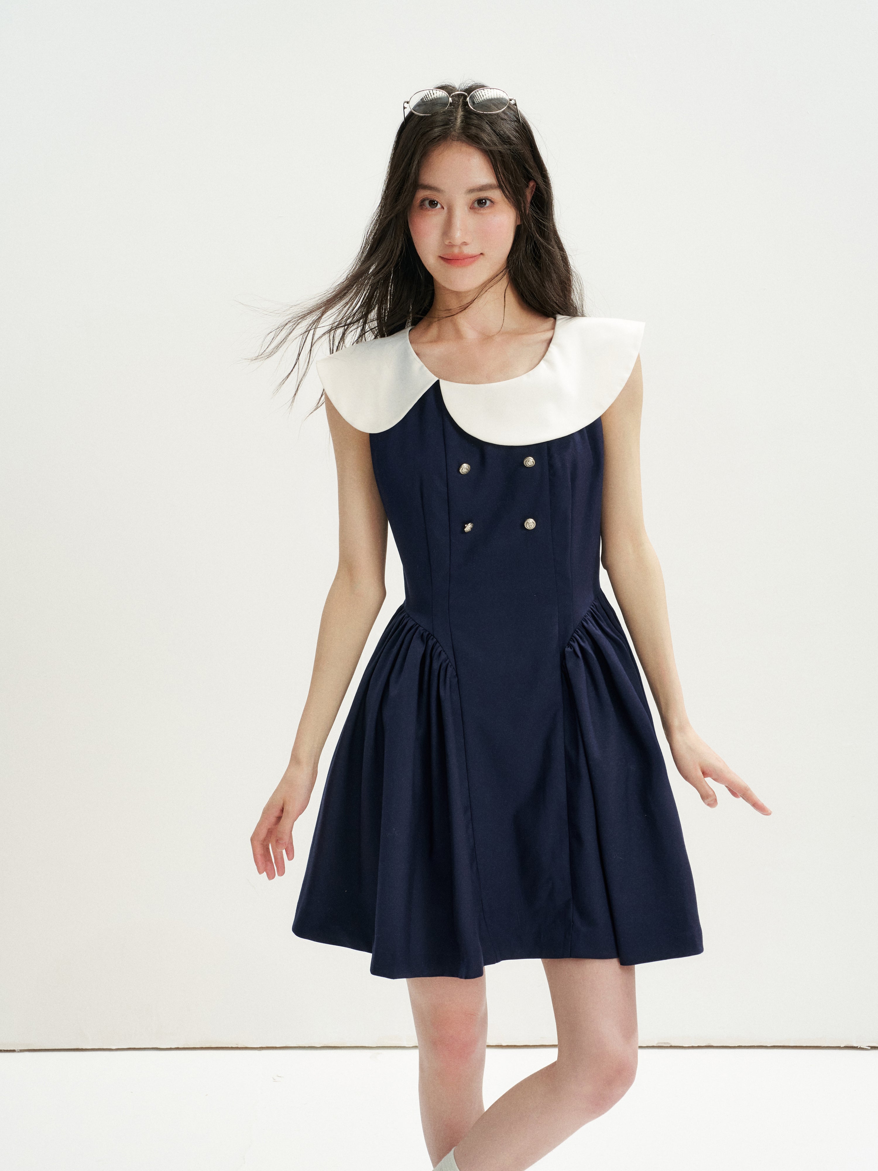 16DEWS 16D26271 Asymmetrical Peter Pan Collar Double-Breasted Waisted A-Line Dress