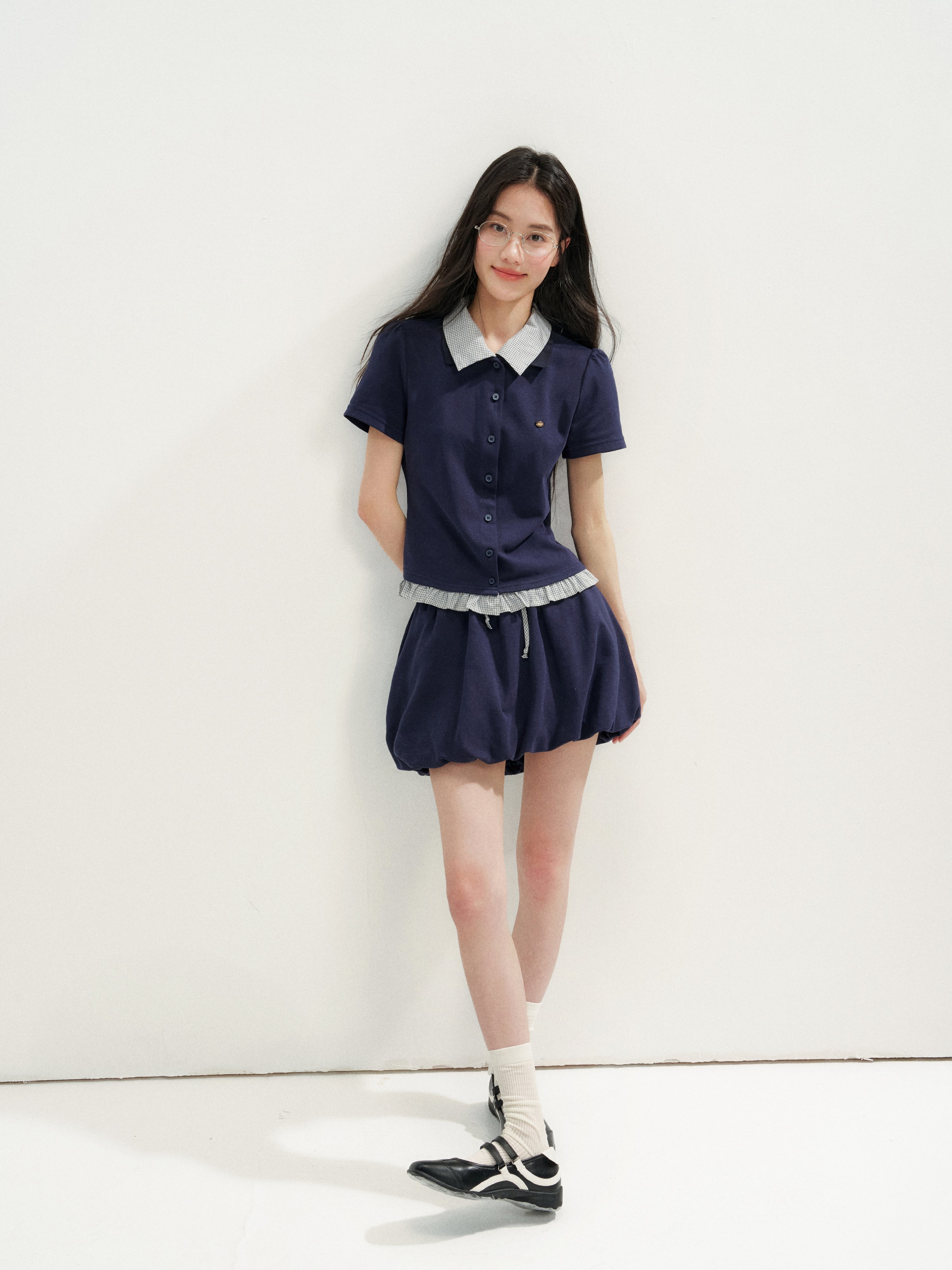 16DEWS 16D26272&16D26273 Plaid Spliced Puff Sleeve Waisted Short-Sleeve Top +Skirt