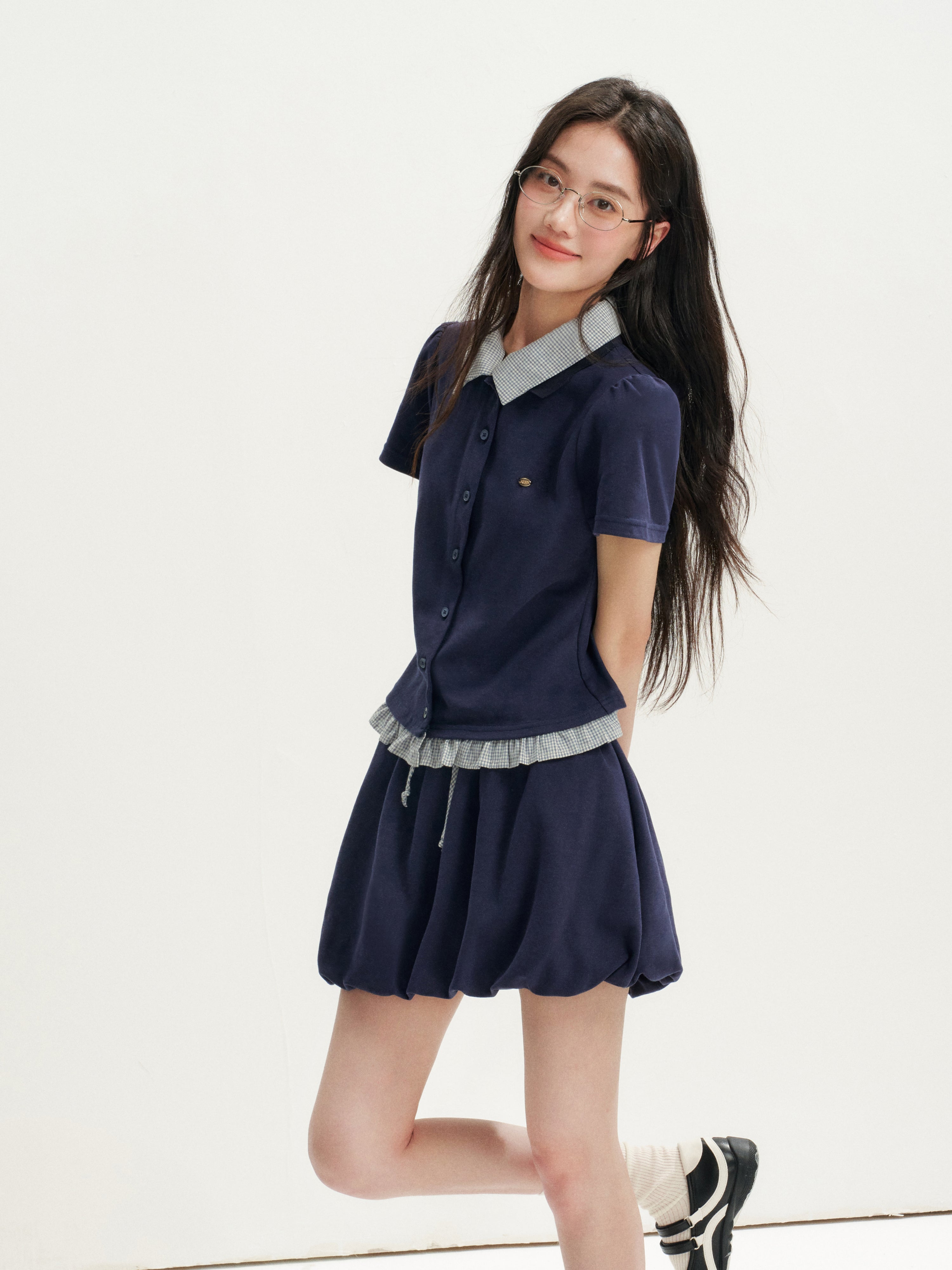 16DEWS 16D26272&16D26273 Plaid Spliced Puff Sleeve Waisted Short-Sleeve Top +Skirt
