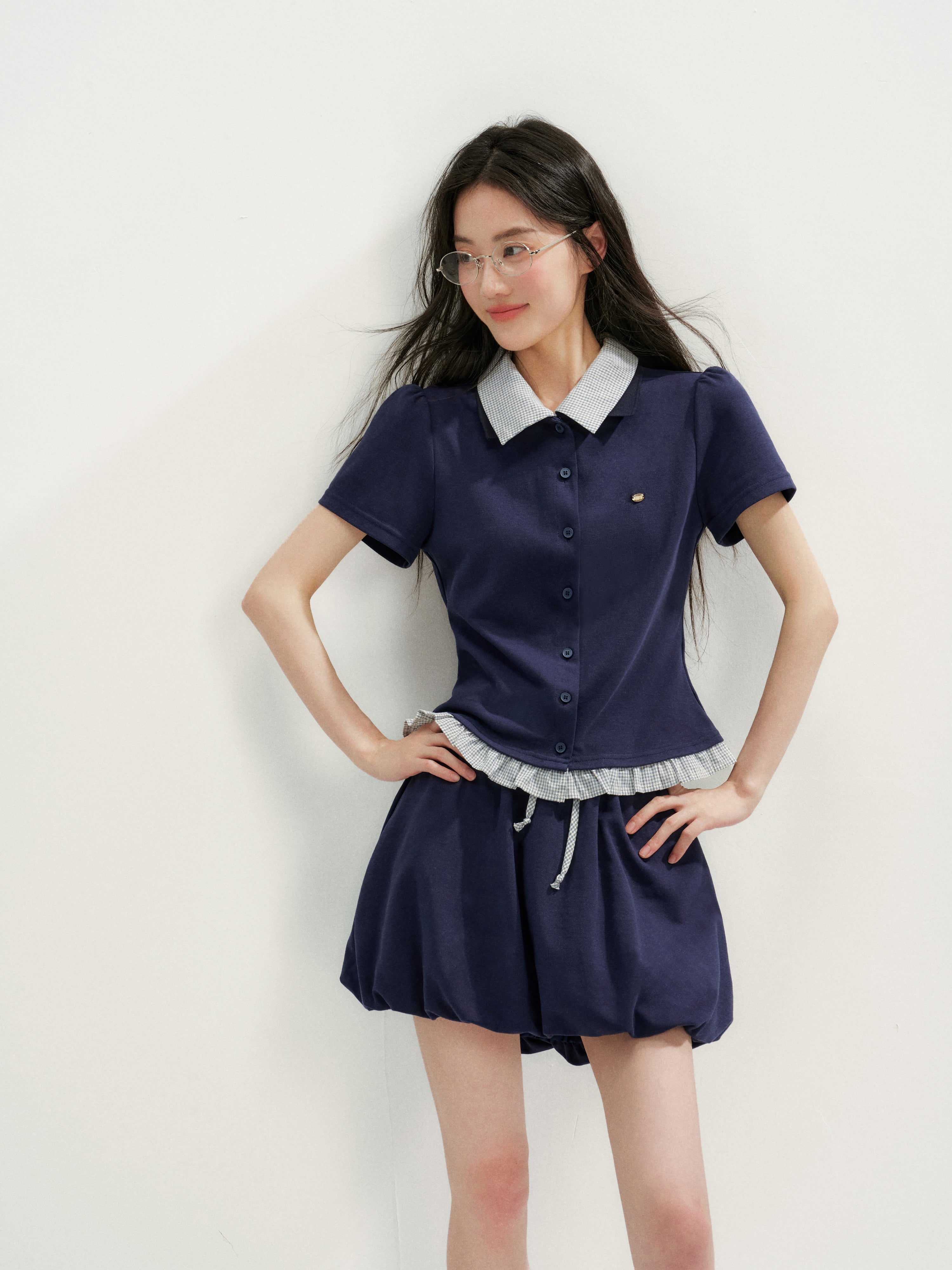 16DEWS 16D26272&16D26273 Plaid Spliced Puff Sleeve Waisted Short-Sleeve Top +Skirt