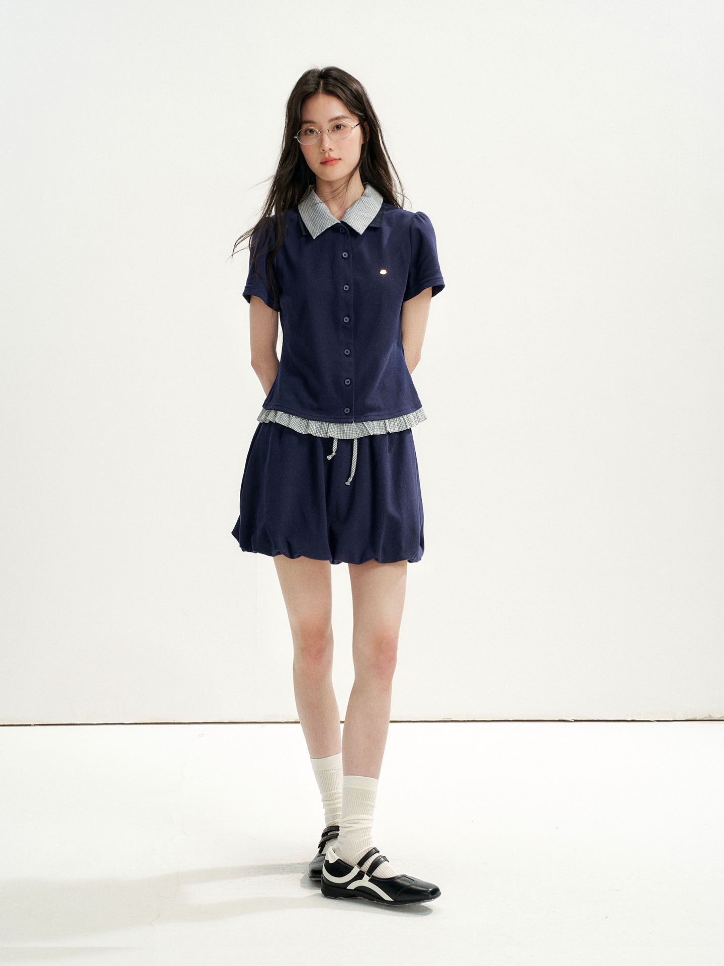 16DEWS 16D26272&16D26273 Plaid Spliced Puff Sleeve Waisted Short-Sleeve Top +Skirt