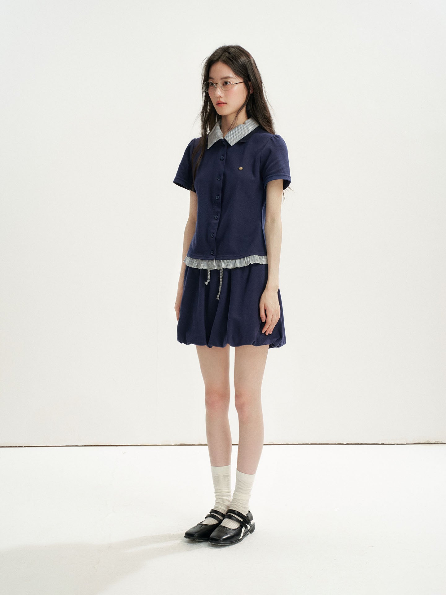 16DEWS 16D26272&16D26273 Plaid Spliced Puff Sleeve Waisted Short-Sleeve Top +Skirt