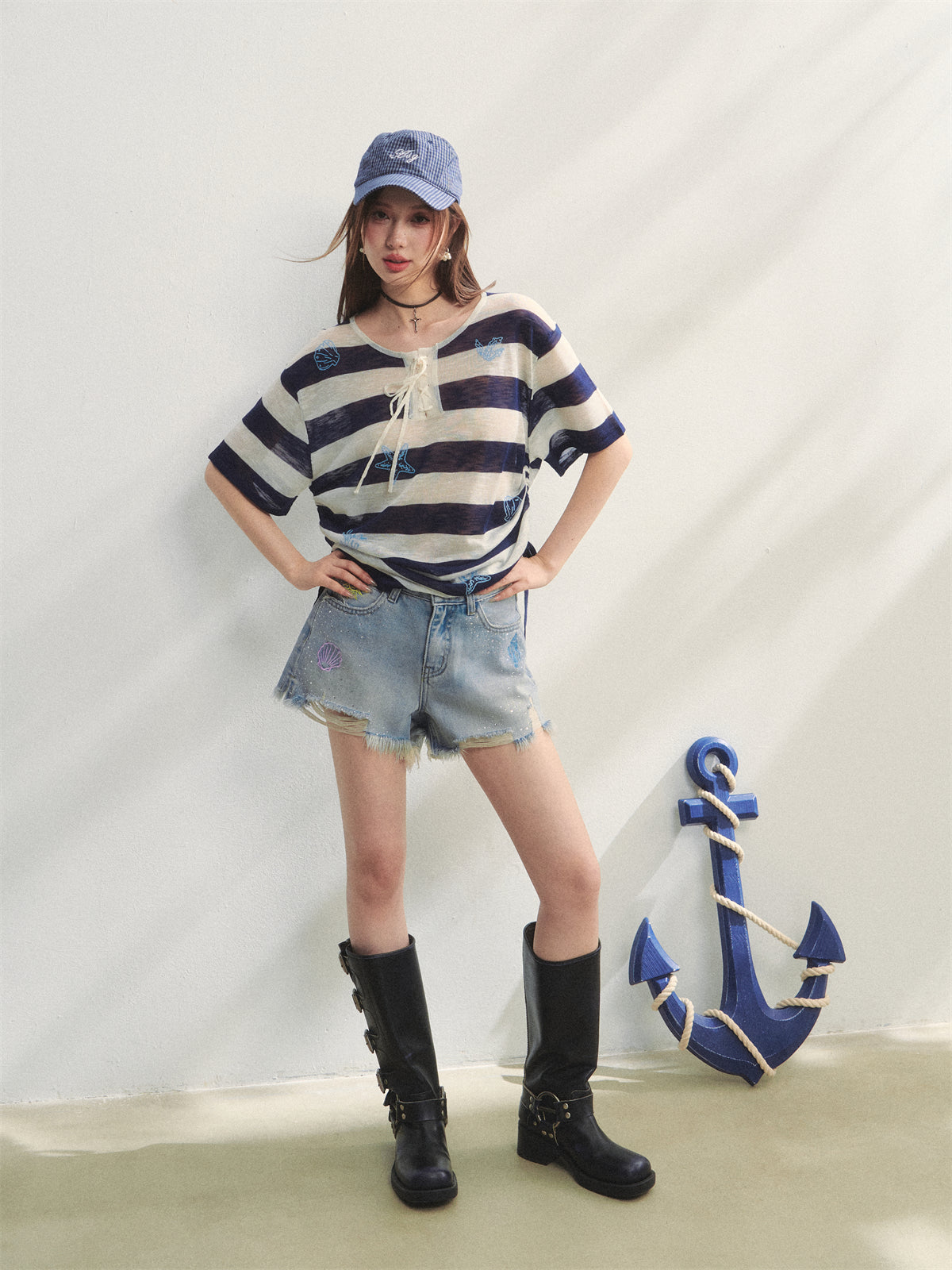 AsGony ASG25235 Ocean style striped embroidered drawstring top