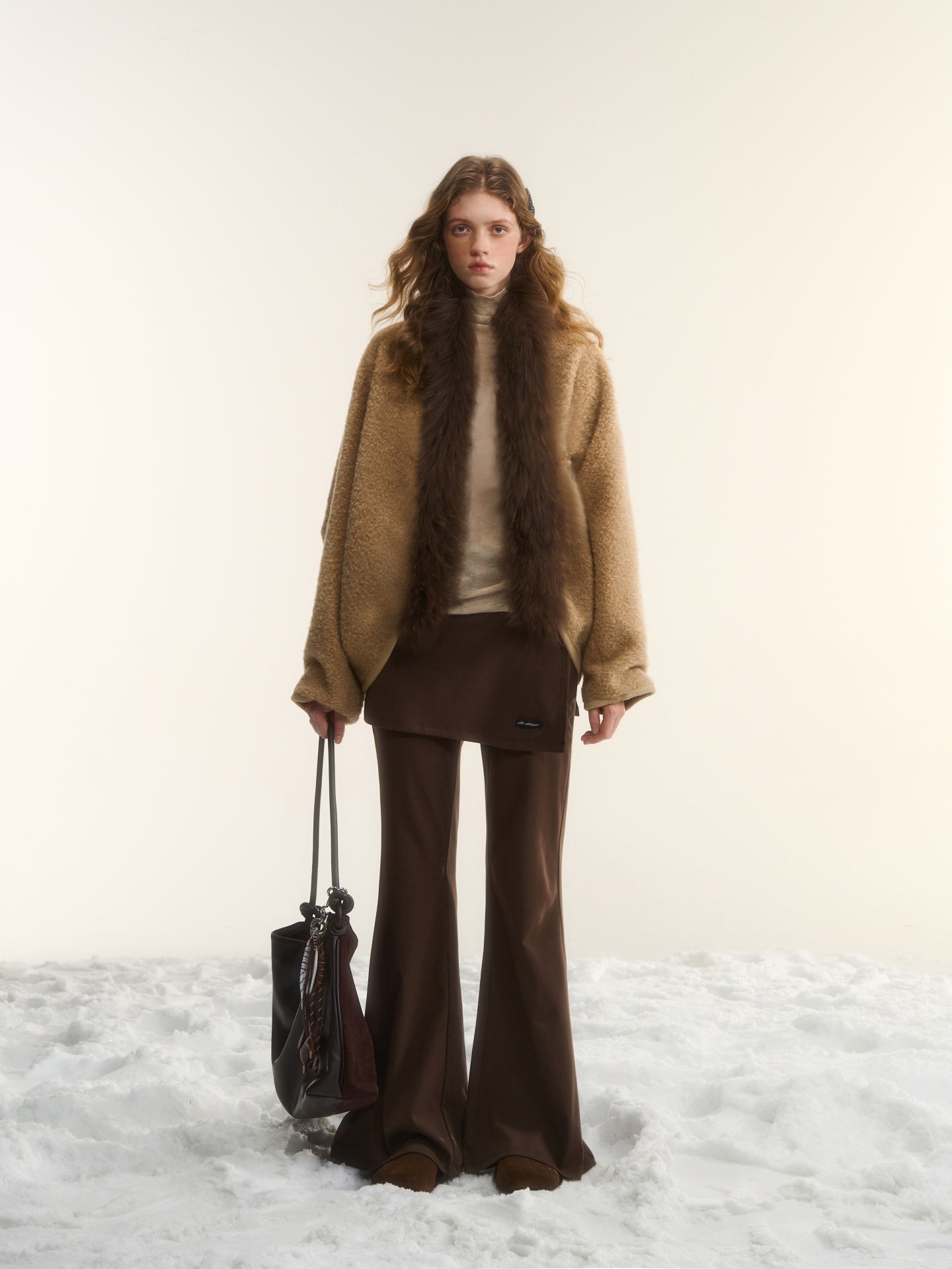 AsGony ASG25539 Wool collar cocoon shaped cardigan shawl jacket