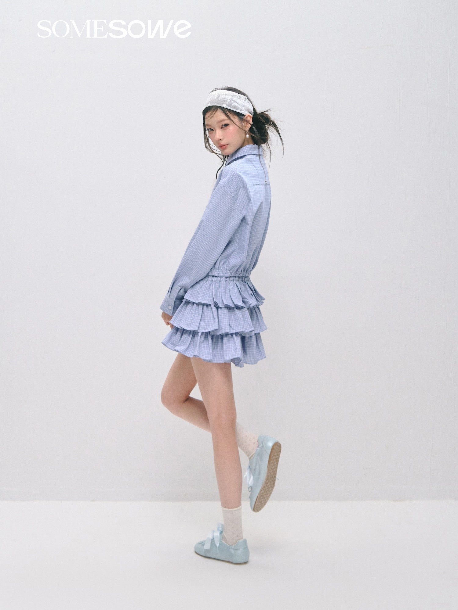 SOMESOWE S2509029&S2509030 Plaid ruffled silhouette short shirt + skirt