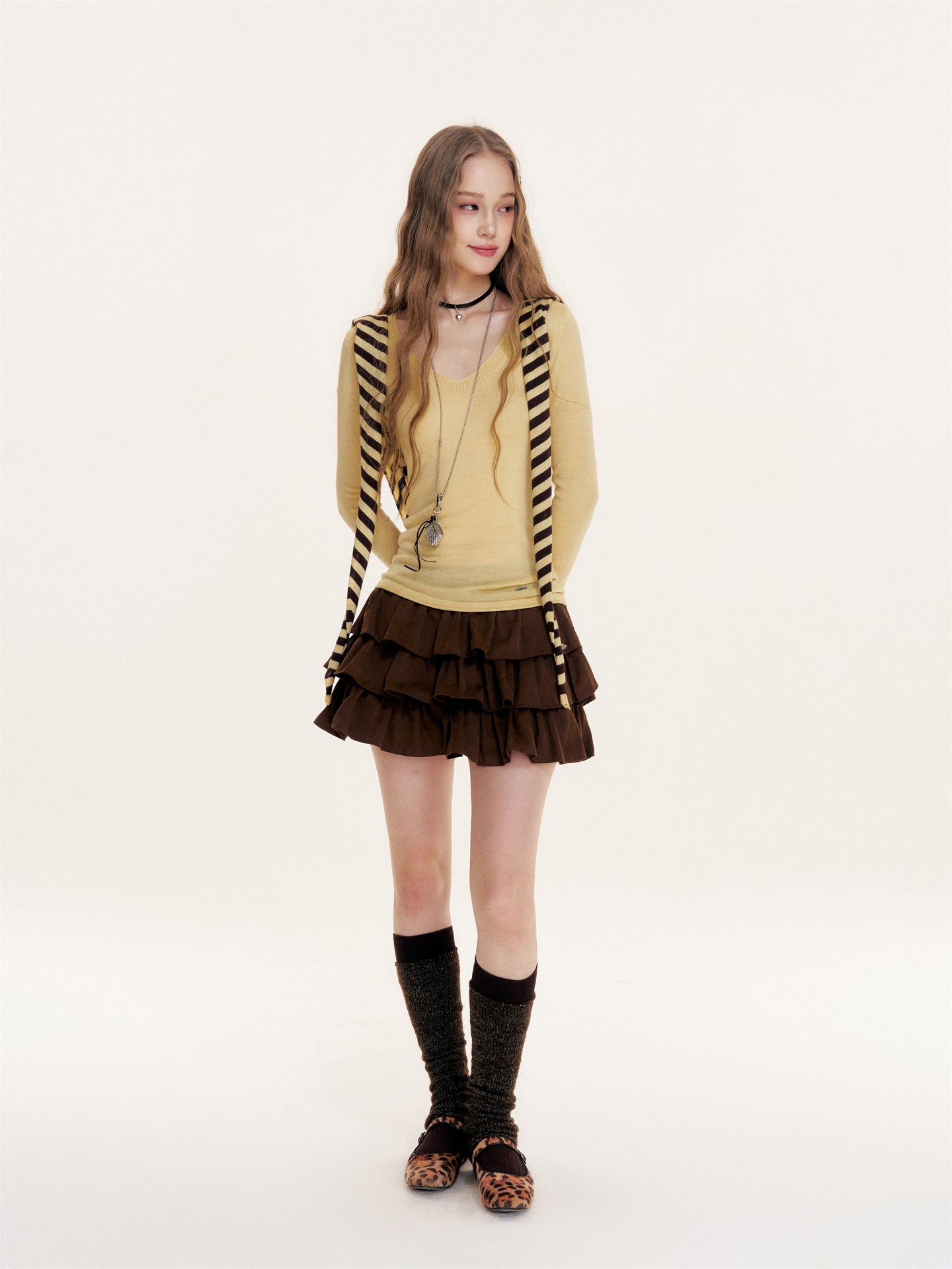 16DEWS 16D25418 Striped shawl V-neck knitted base top