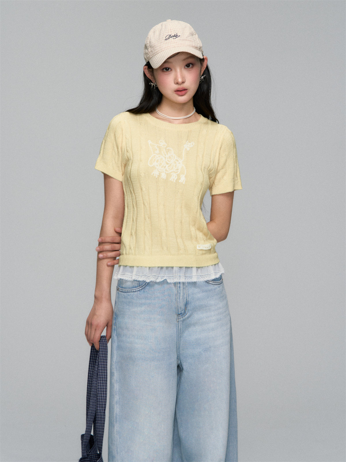 AsGony ASG25146 Puppy embroidered patchwork lace knit top (2color)