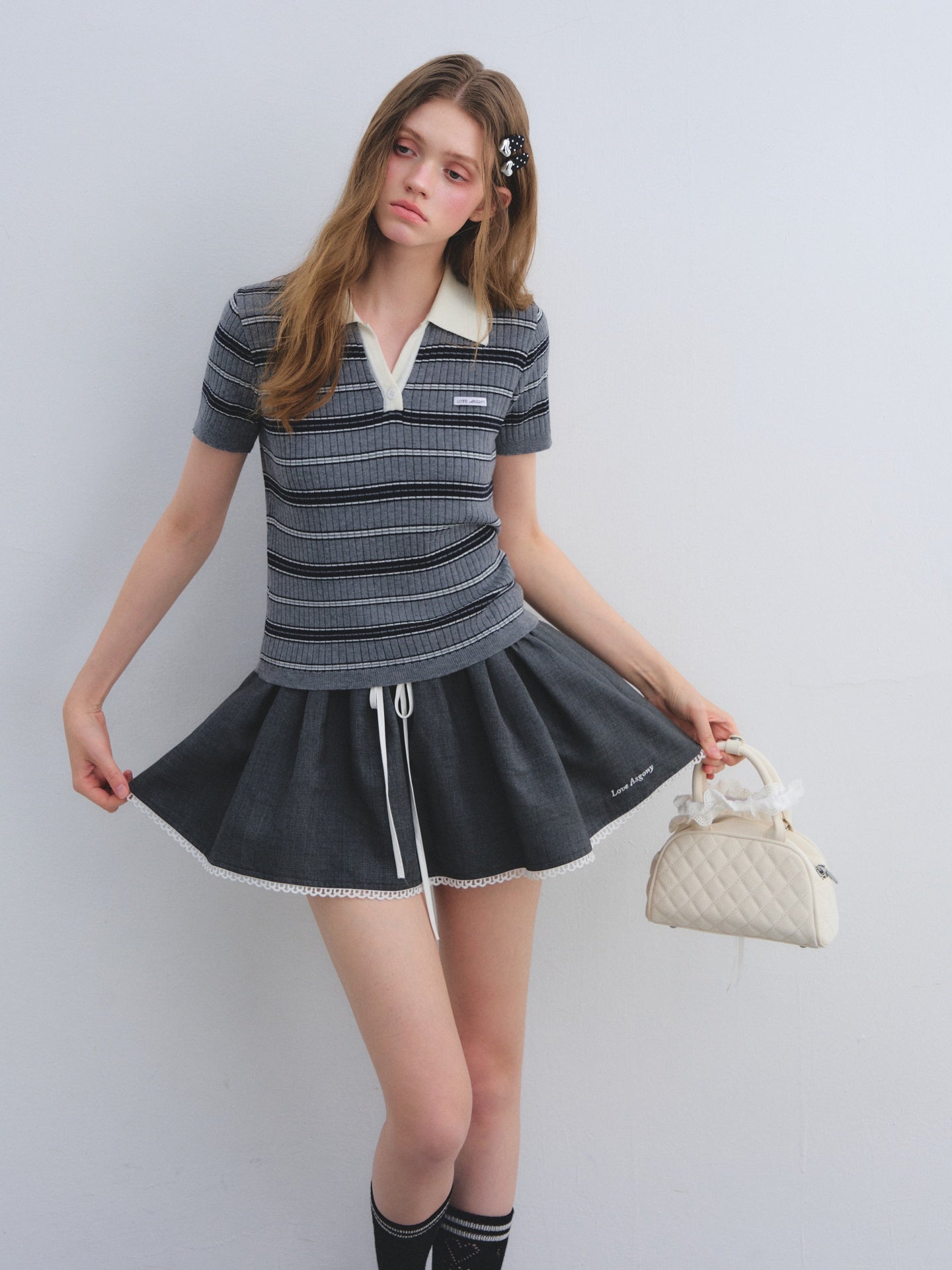 AsGony ASG25668&ASG25645 Lace collar decorative flower bud jacket + short skirt set