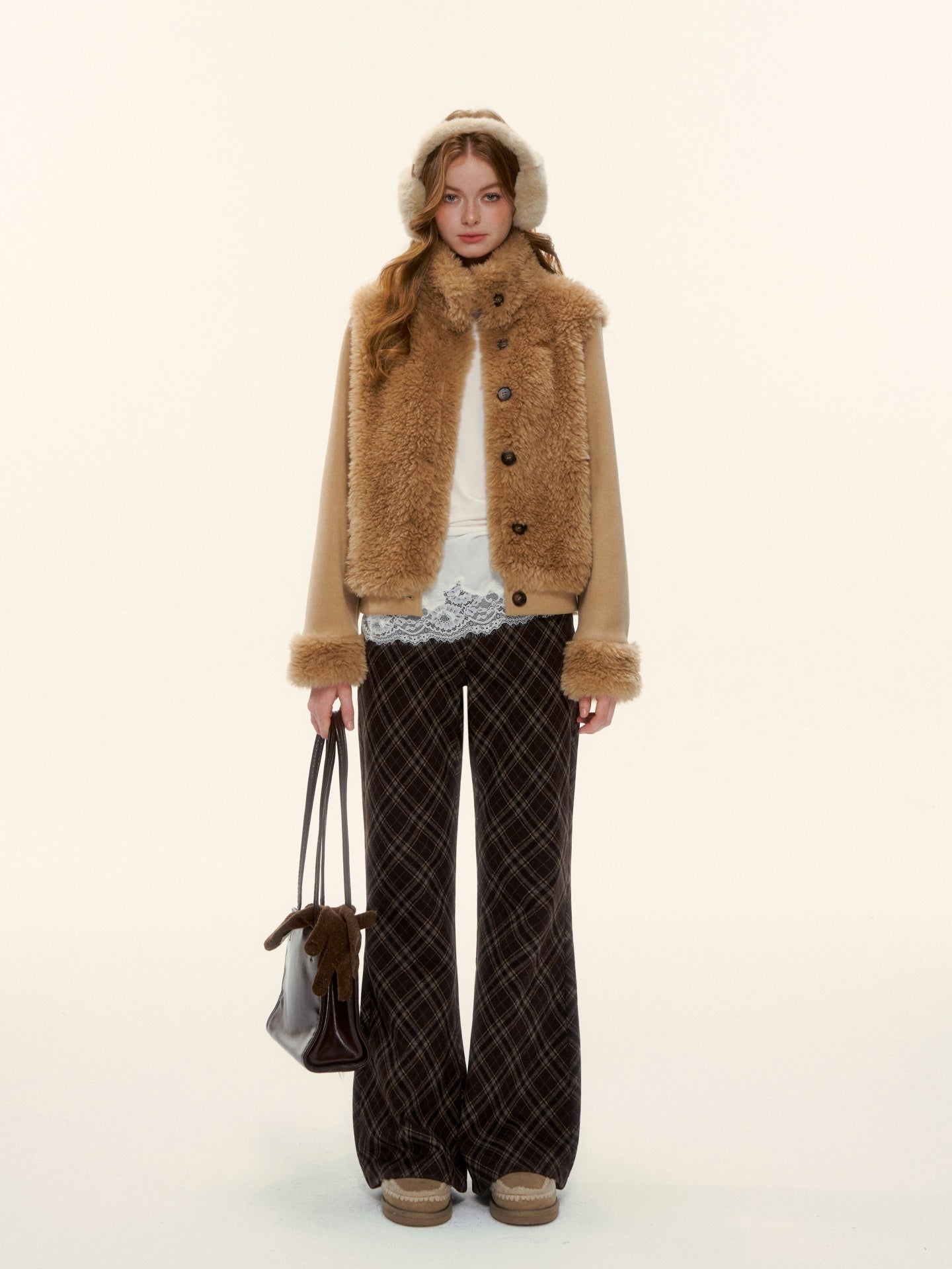 AsGony ASG25587 Environmentally friendly fur knitted stand up collar spliced jacket