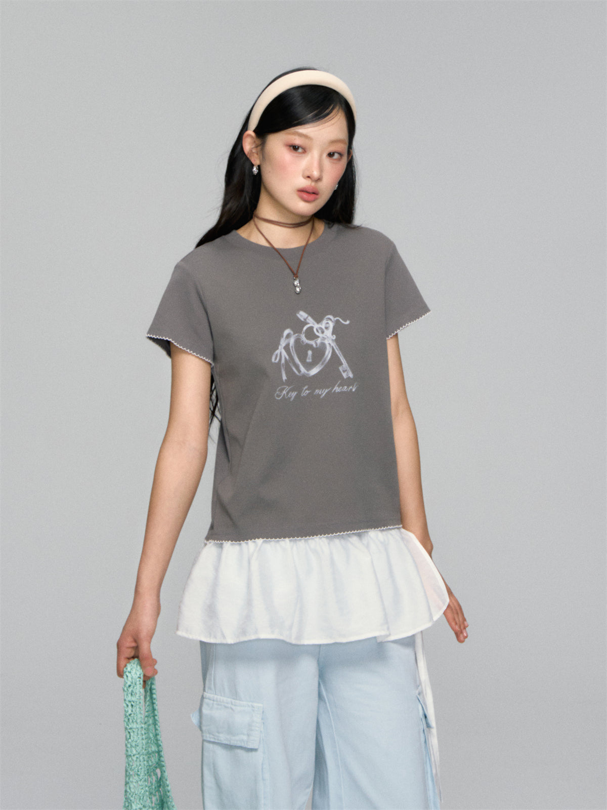 AsGony ASG25151 Printed border loose T-shirt (2color)